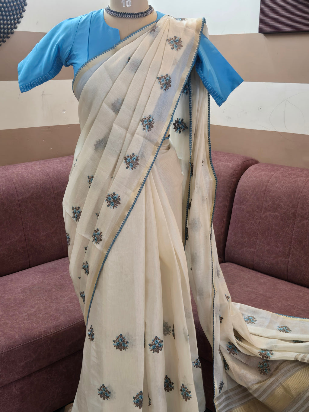 Tissue Onam Saree with Embroidery + Blue Ready-Made Blouse