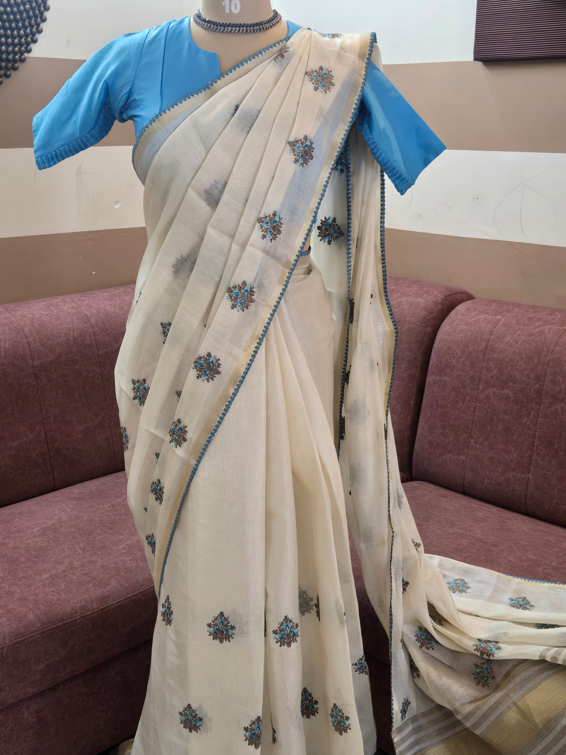 Tissue Onam Saree with Embroidery + Blue Ready-Made Blouse