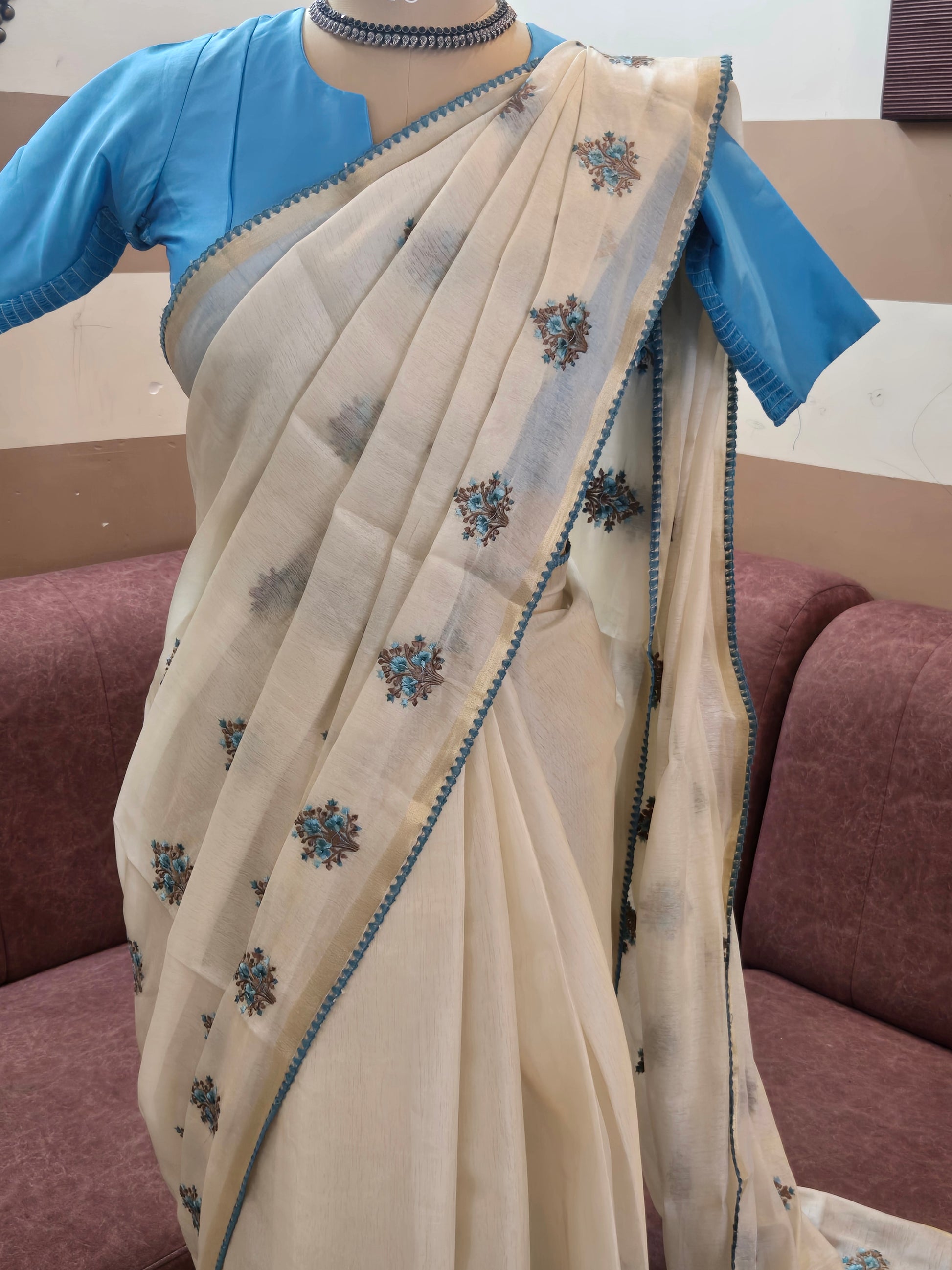 Onam Tissue Saree with Embroidery - Floral Tree - Blue (Comes with running blouse)