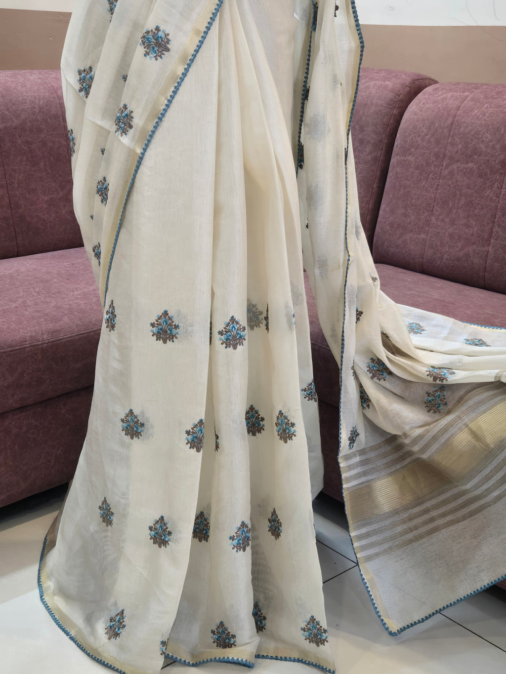 Onam Tissue Saree with Embroidery - Floral - Blue (Comes with running blouse)