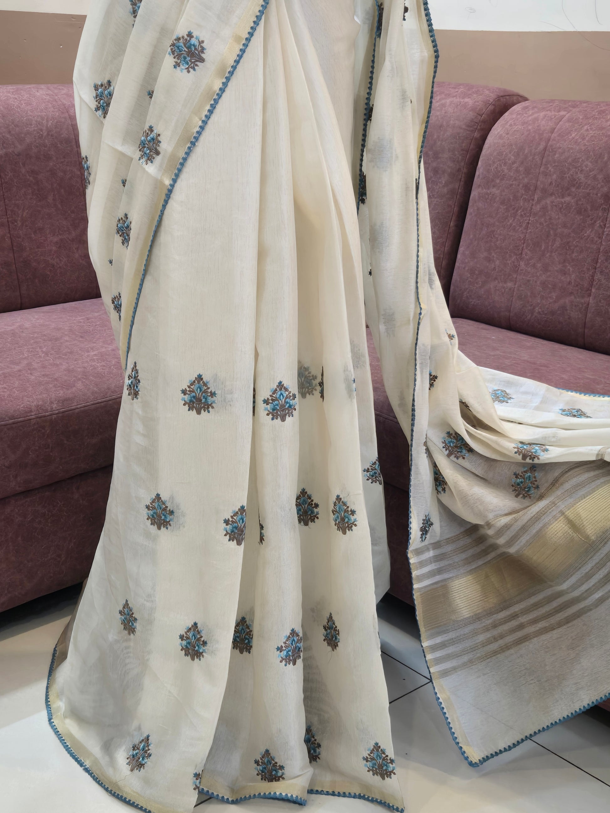 Onam Tissue Saree with Embroidery - Floral - Blue (Comes with running blouse)