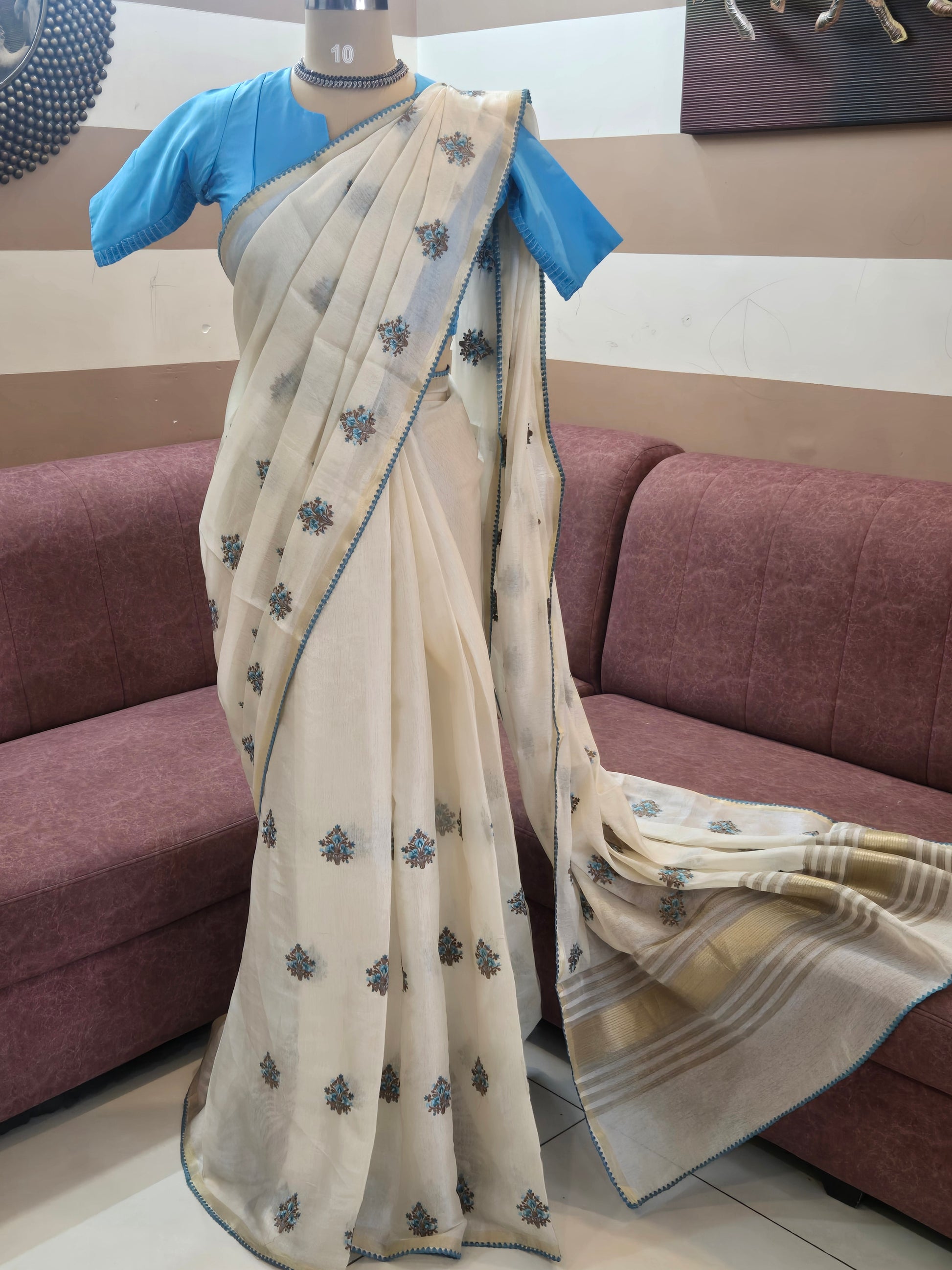 Onam Tissue Saree with Embroidery - Floral - Blue (Comes with running blouse)