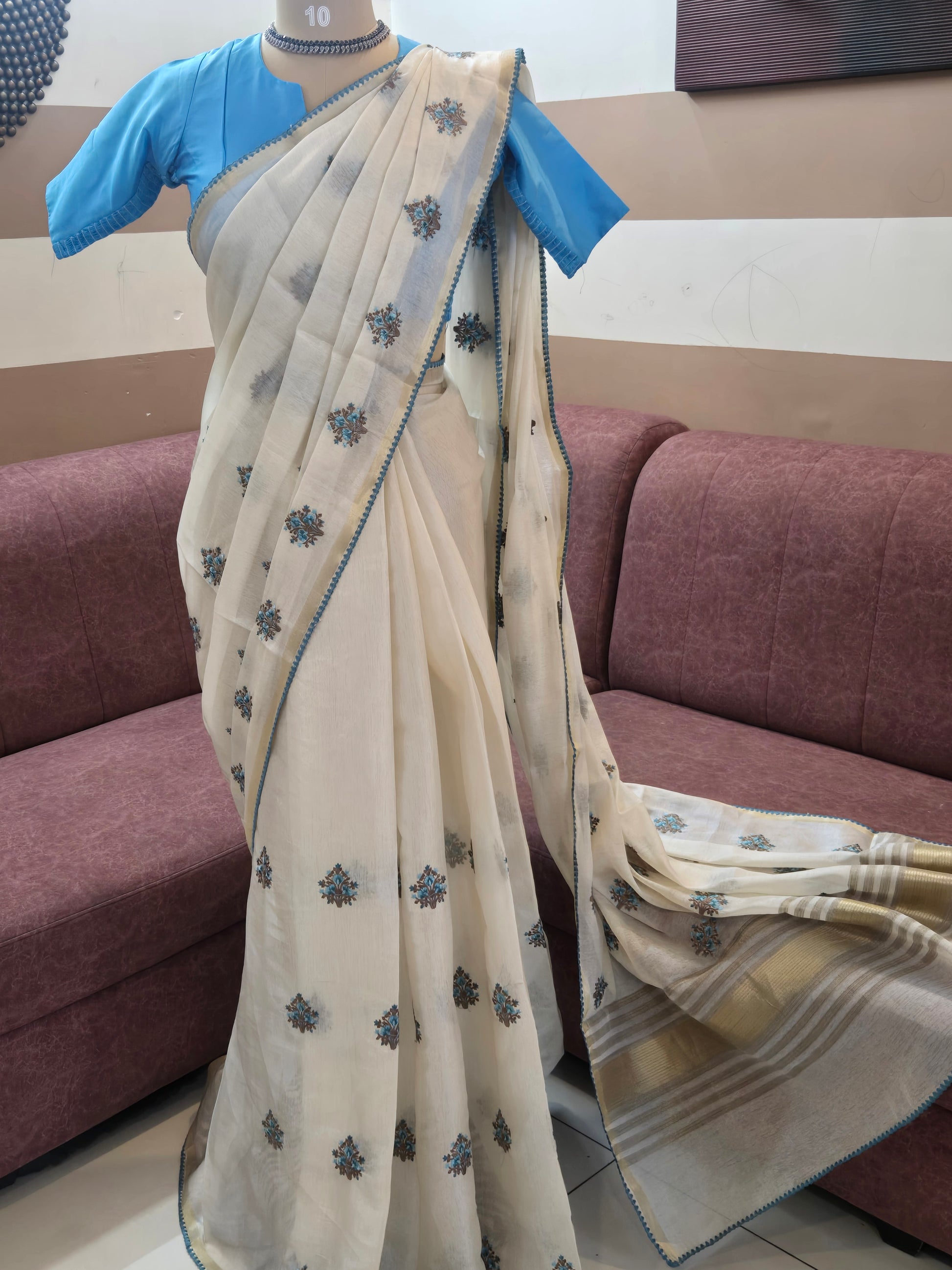 Onam Tissue Saree with Embroidery - Floral Tree - Blue (Comes with running blouse)