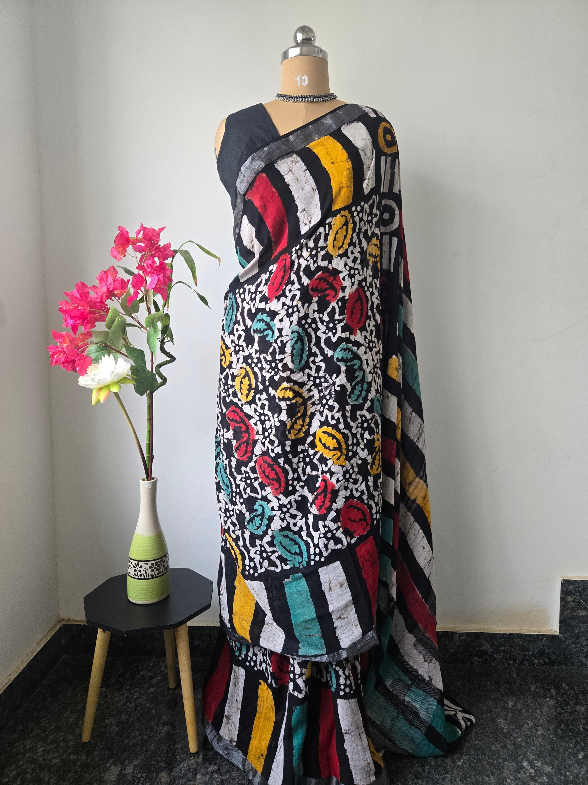 Multicolor Linen Bagru Saree with Readymade Blouse