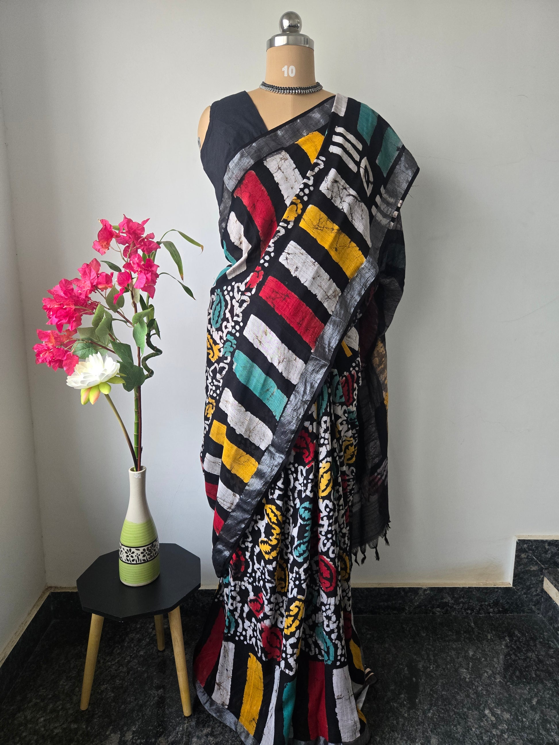 Multicolor Linen Bagru Saree with Readymade Blouse