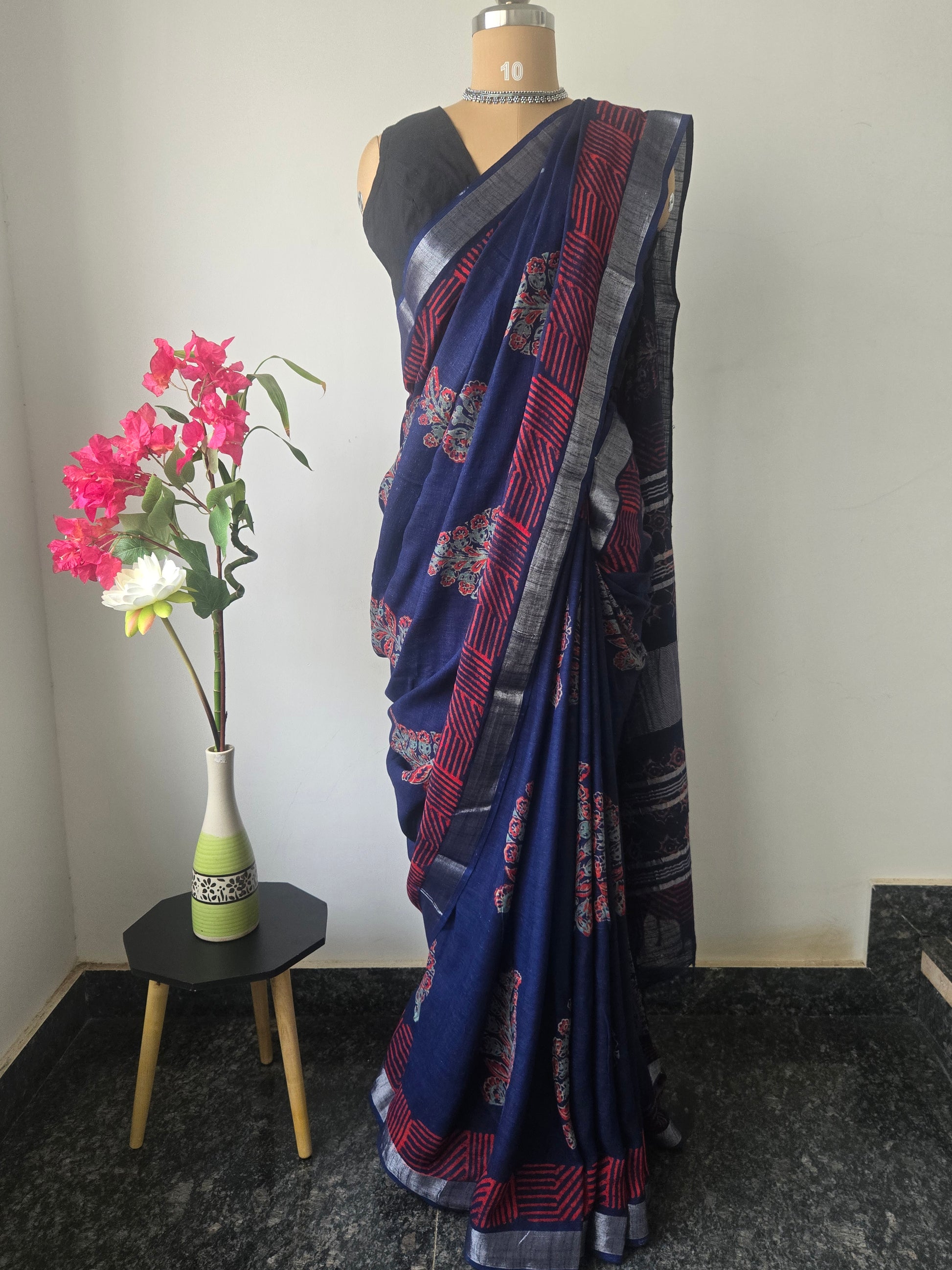 Navy Blue Linen Bagru Saree with Silver Border and Readymade blouse