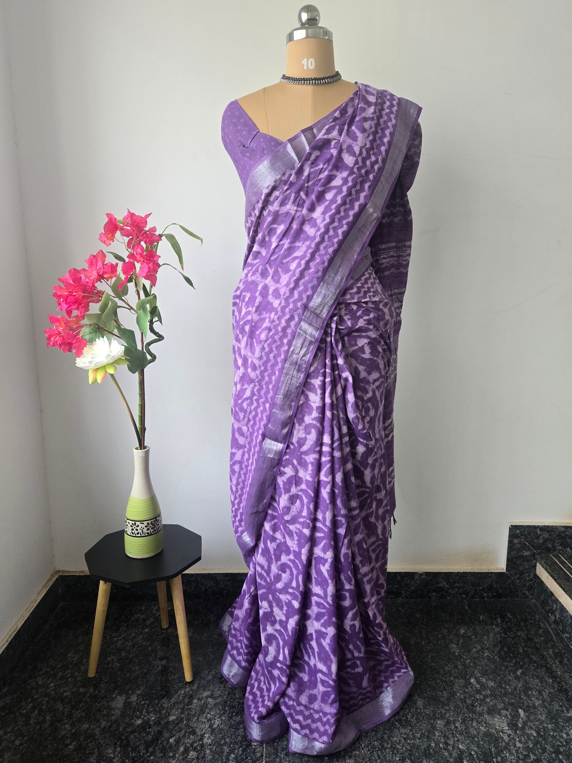 Purple Linen Bagru Saree with Running Blouse