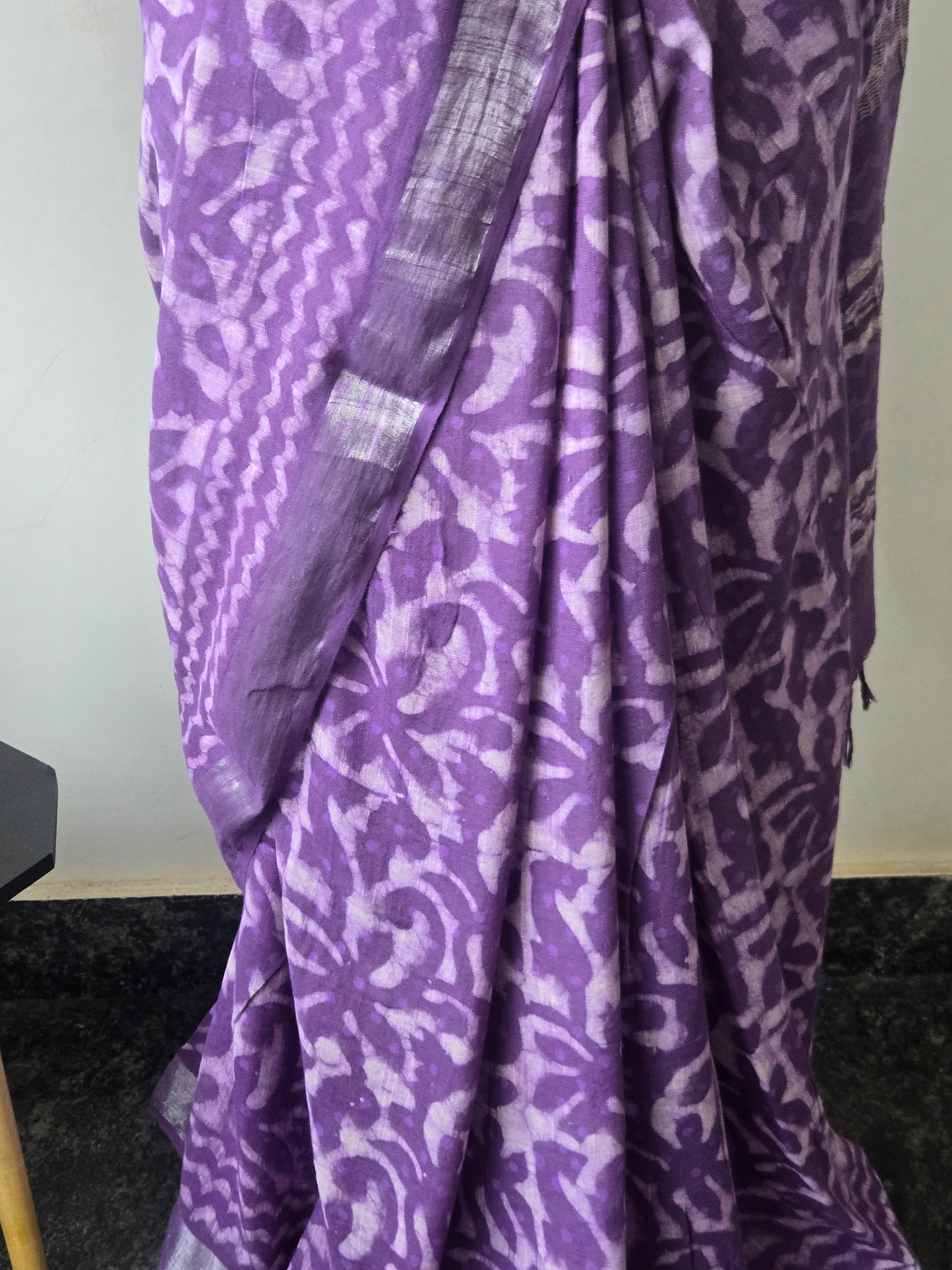 Purple Linen Bagru Saree with Running Blouse