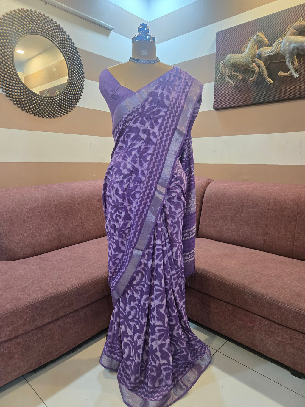 Purple Linen Bagru Saree with Running Blouse