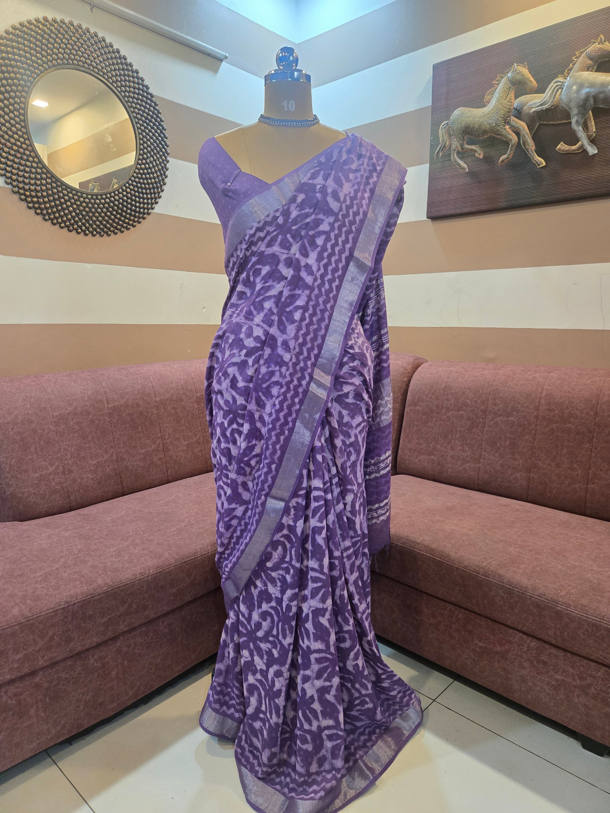 Purple Linen Bagru Saree with Running Blouse