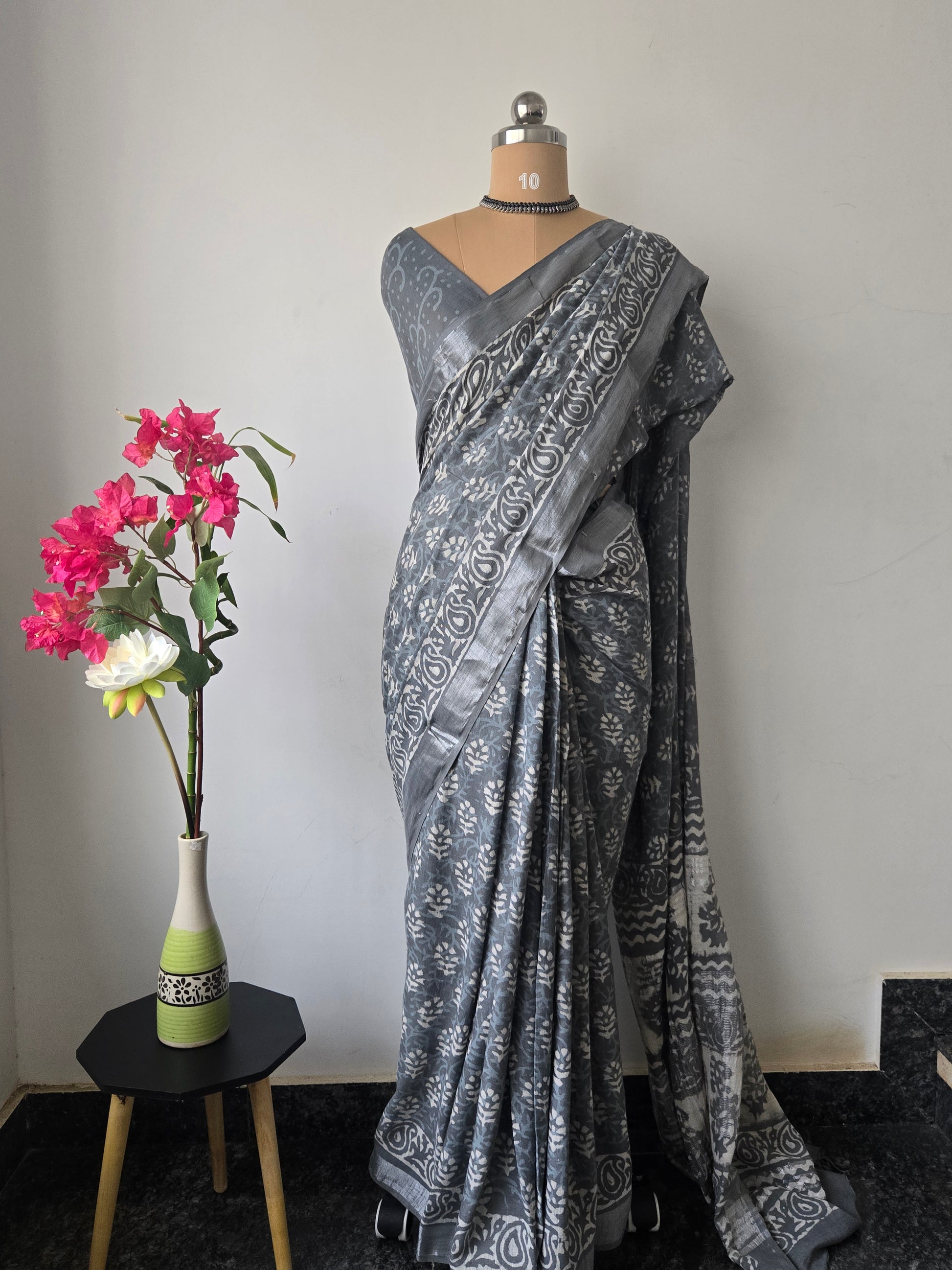 Grey Linen Bagru Saree with Running Blouse