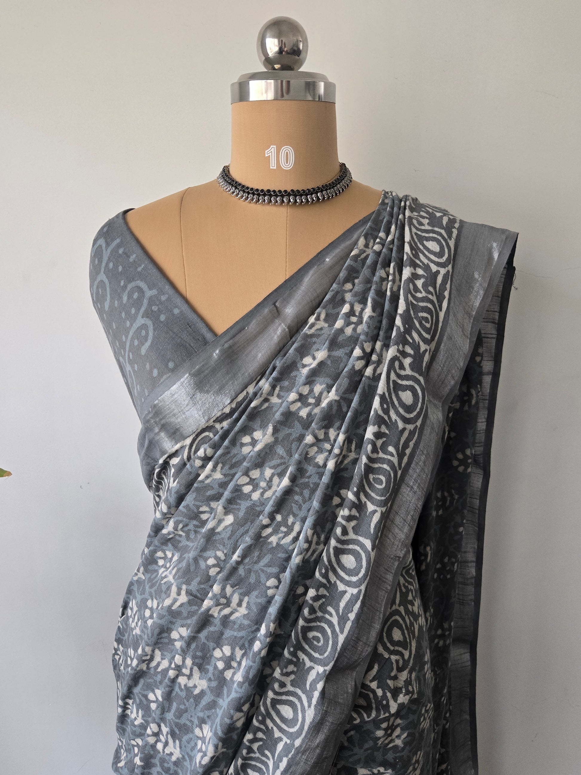 Grey Linen Bagru Saree with Running Blouse