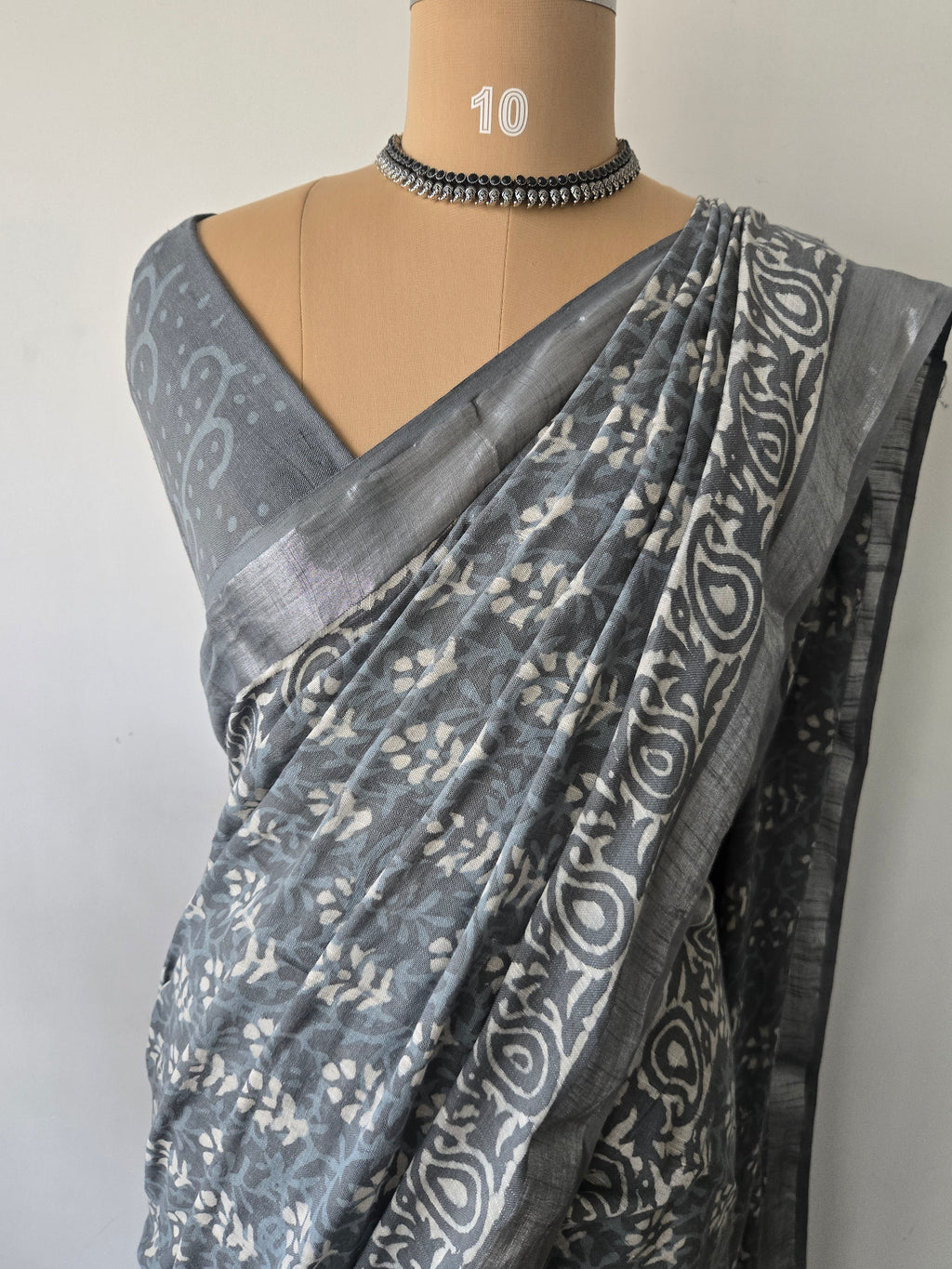 Grey Linen Bagru Saree with Running Blouse