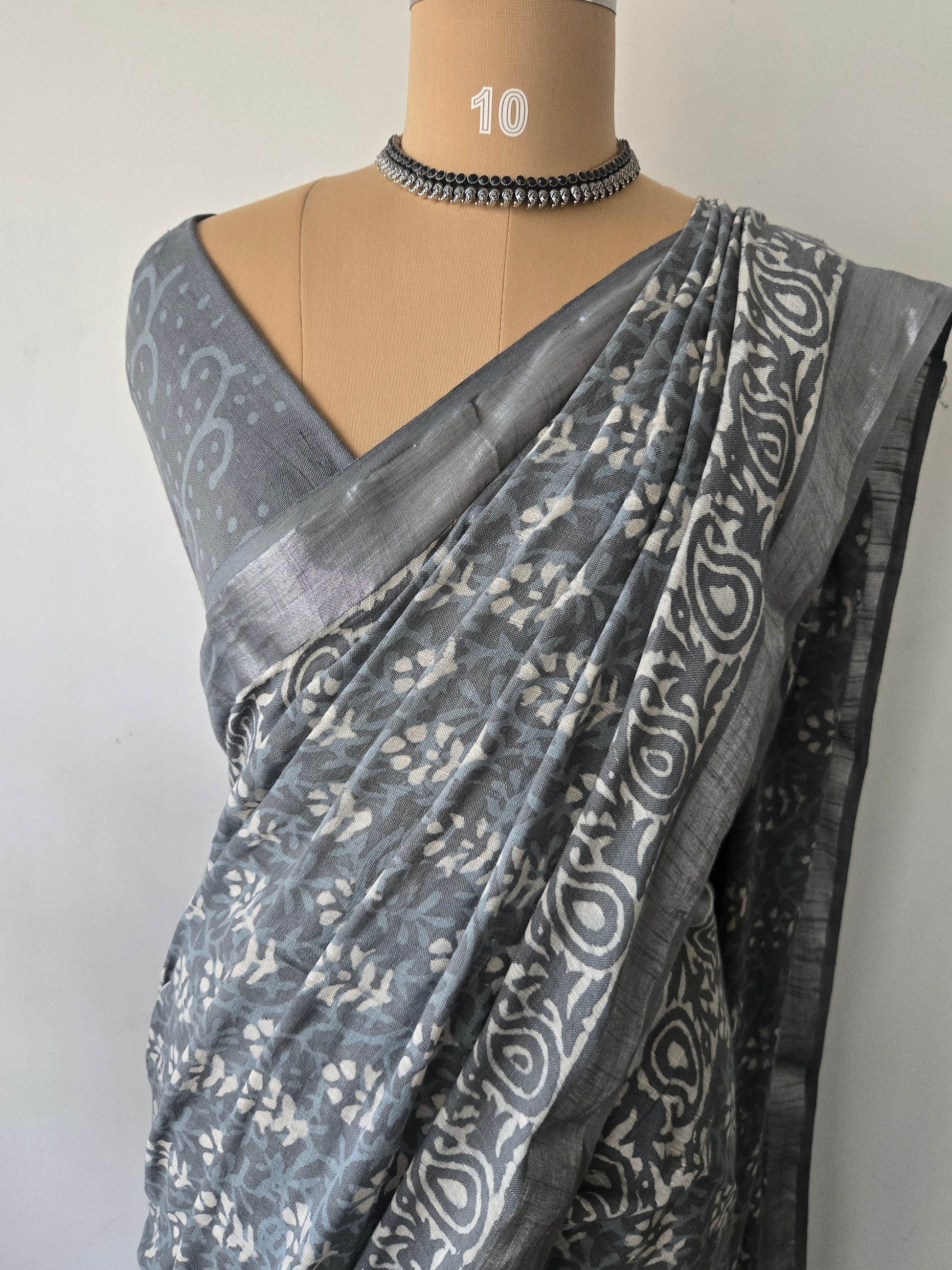 Grey Linen Bagru Saree with Running Blouse