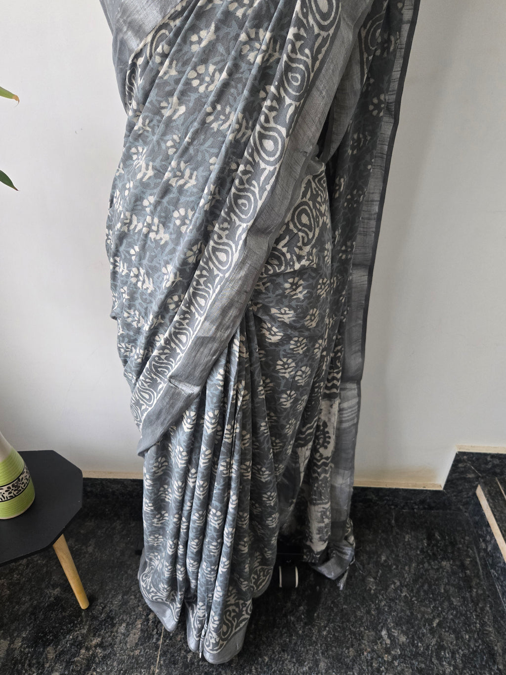 Grey Linen Bagru Saree with Running Blouse