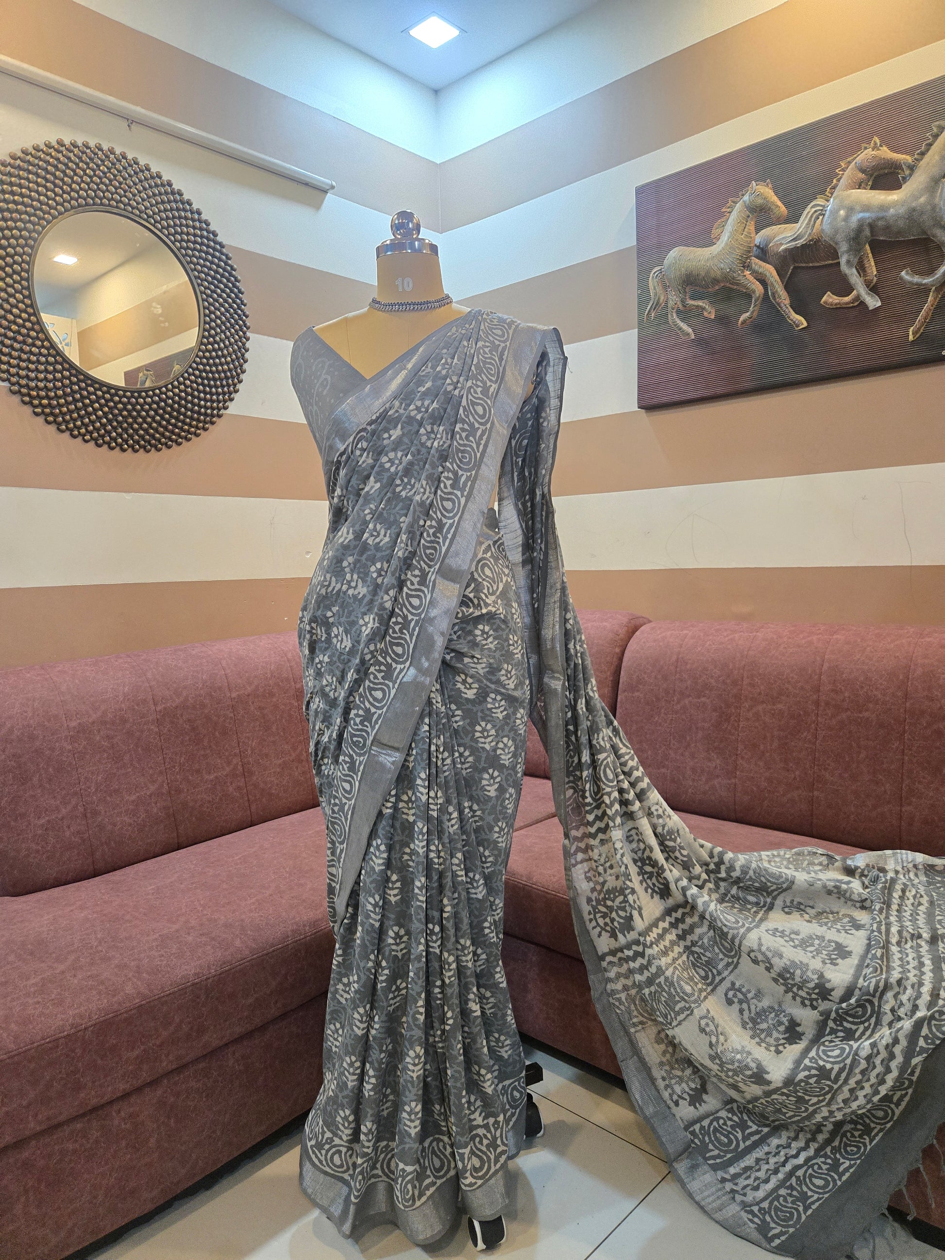 Grey Linen Bagru Saree with Running Blouse