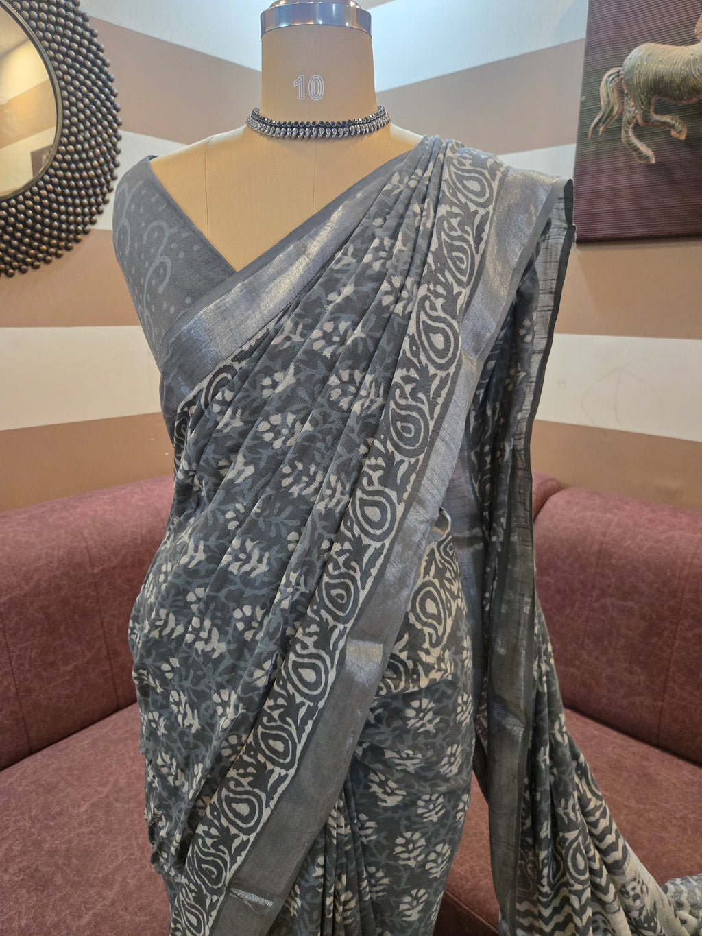 Grey Linen Bagru Saree with Running Blouse