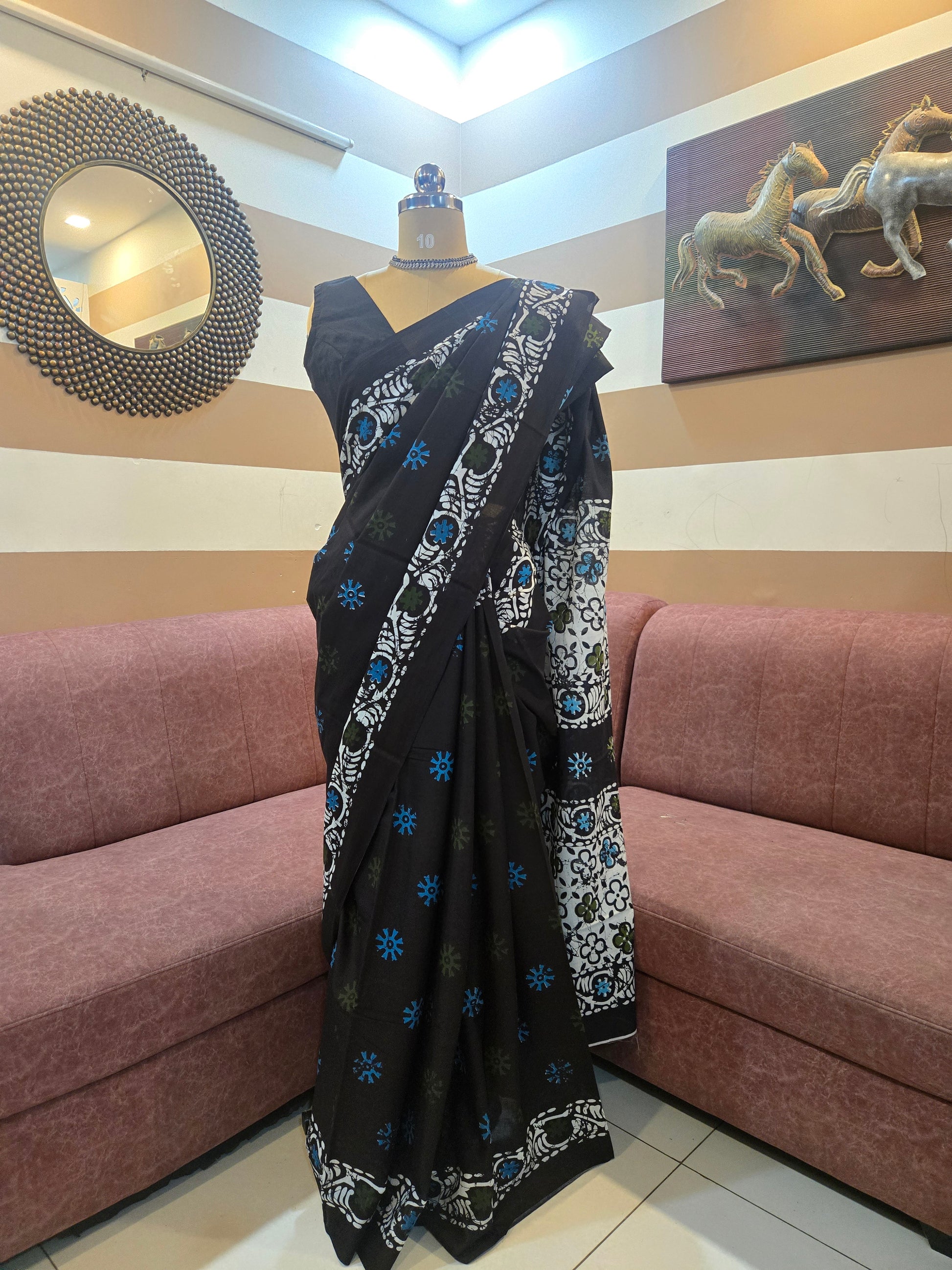 Navy Blue Mul Cotton Saree with Readymade Blouse