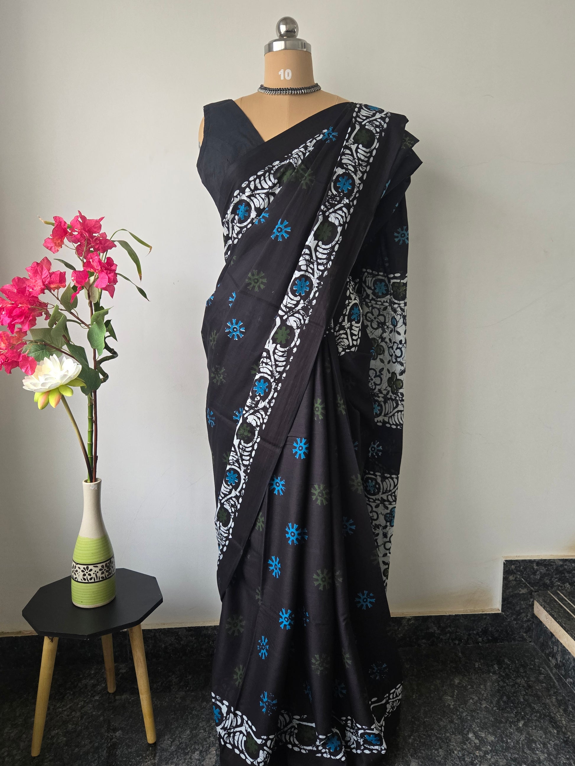 Navy Blue Mul Cotton Saree with Readymade Blouse