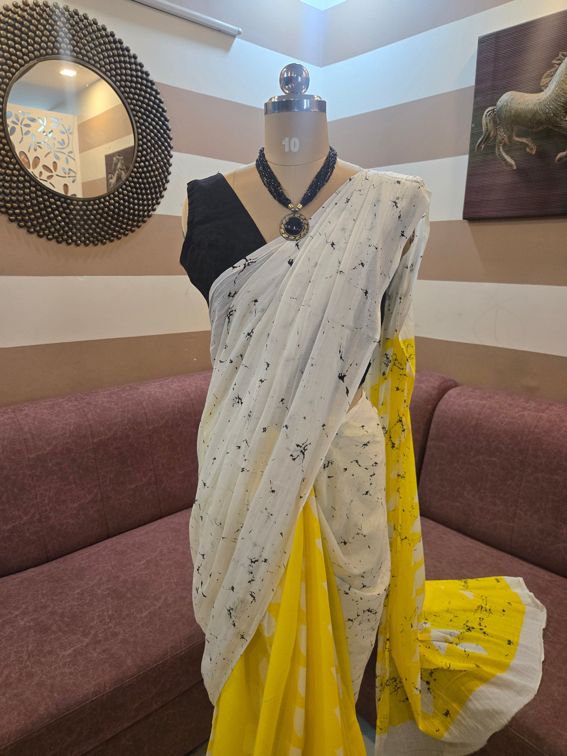 Yellow & White Mul Cotton Saree with Readymade Blouse