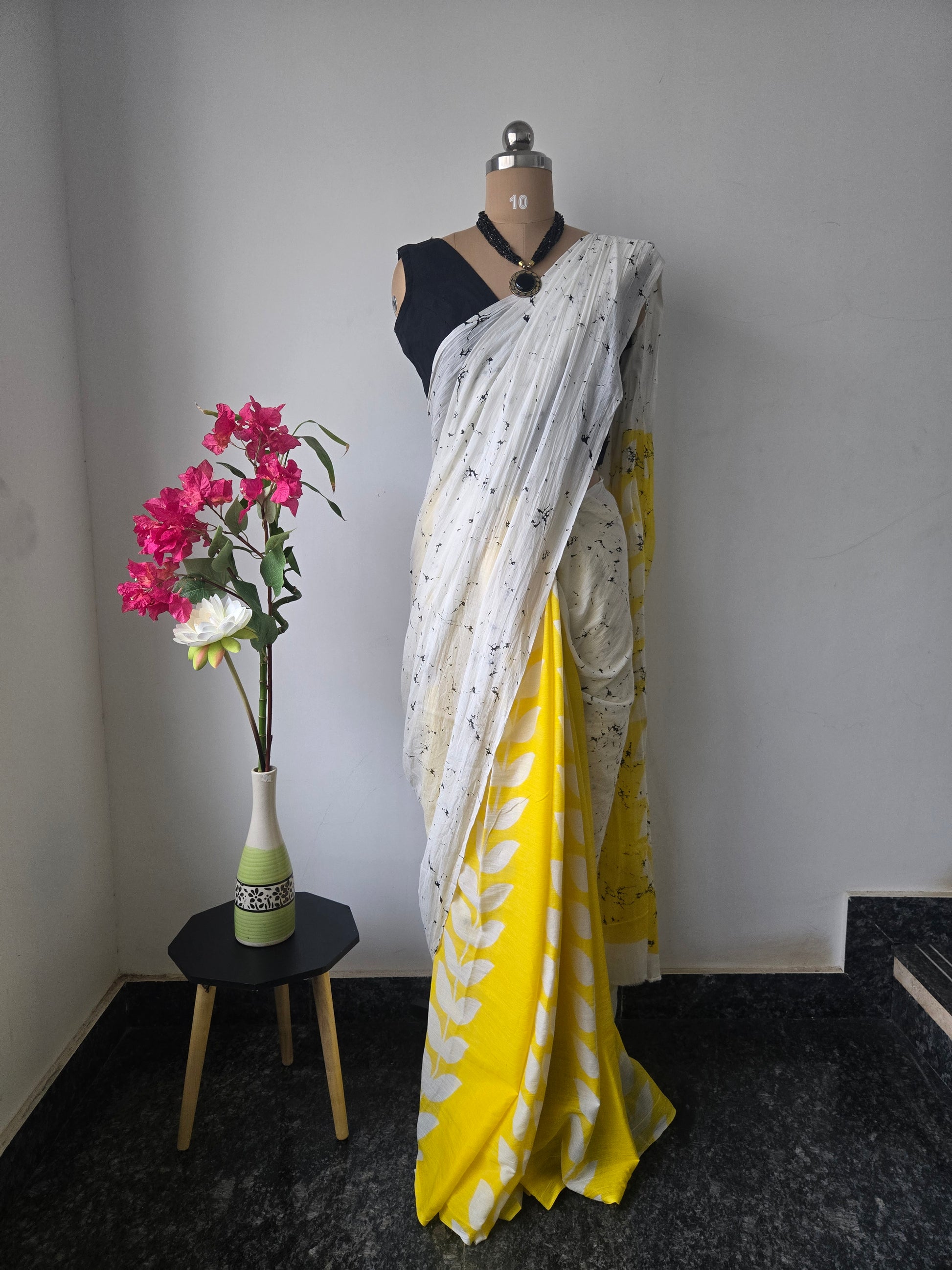 Yellow & White Mul Cotton Saree with Readymade Blouse