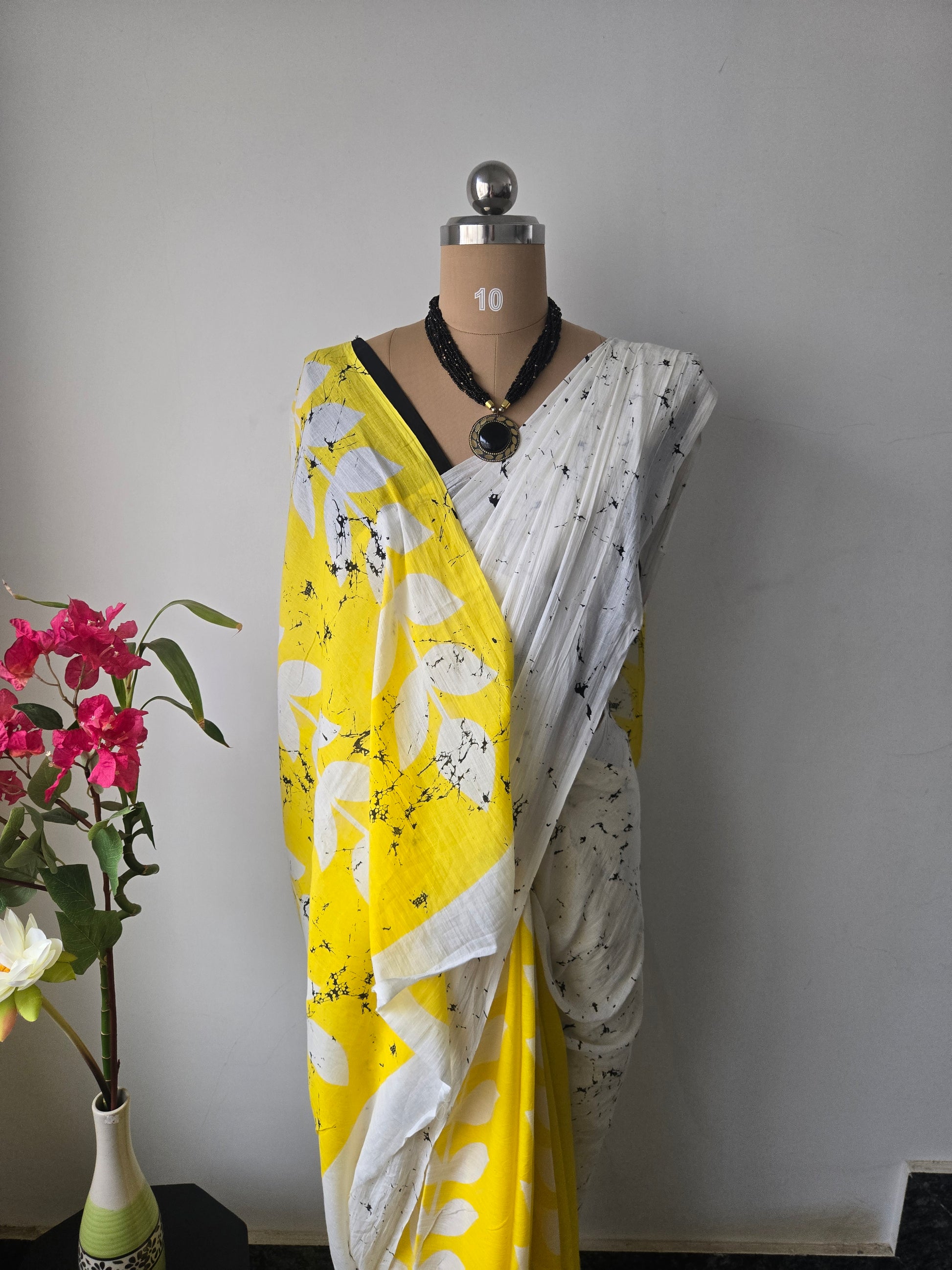 Yellow & White Mul Cotton Saree with Readymade Blouse
