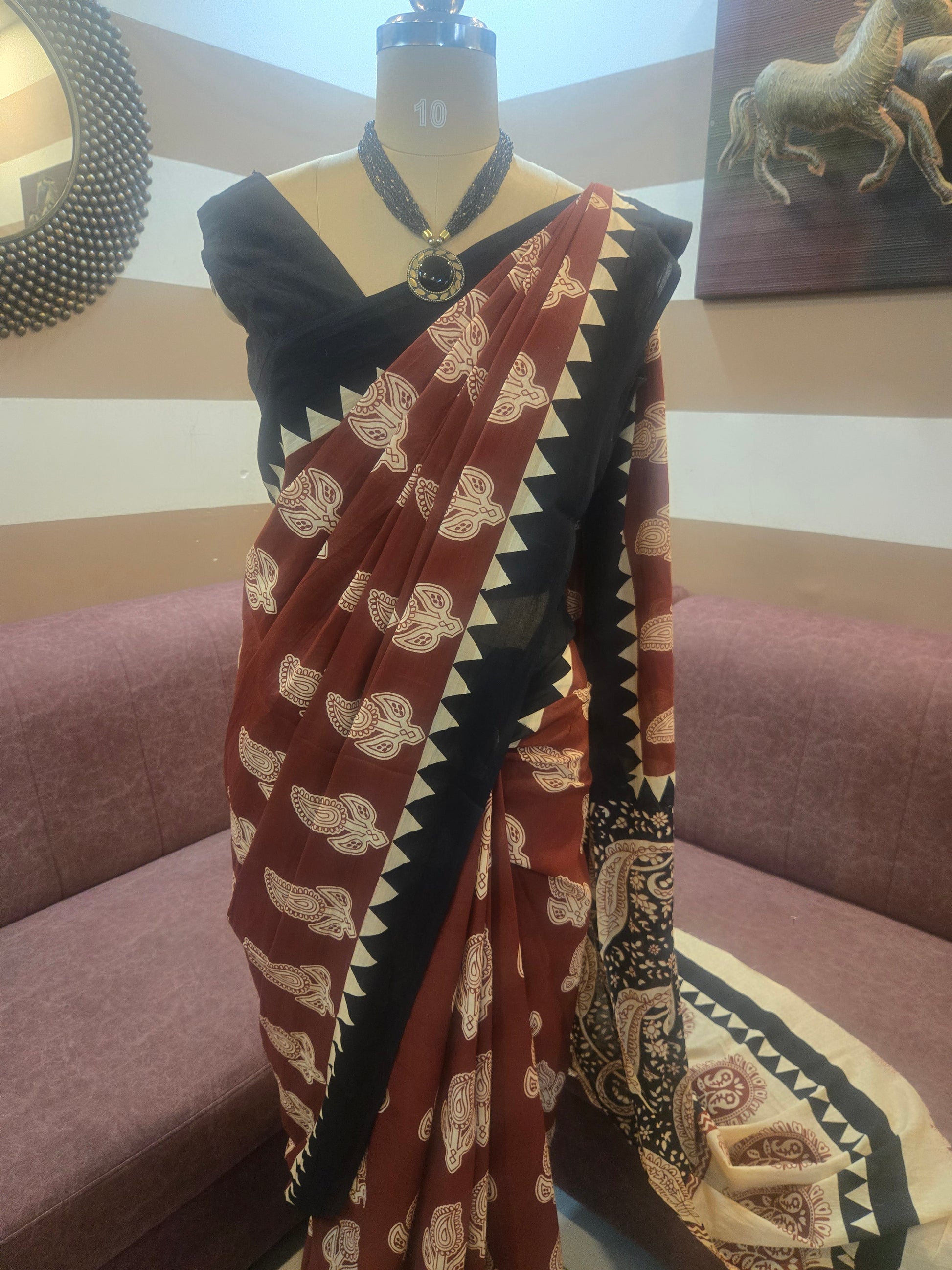 Rust Red & Black Mul Cotton Saree with Readymade Blouse