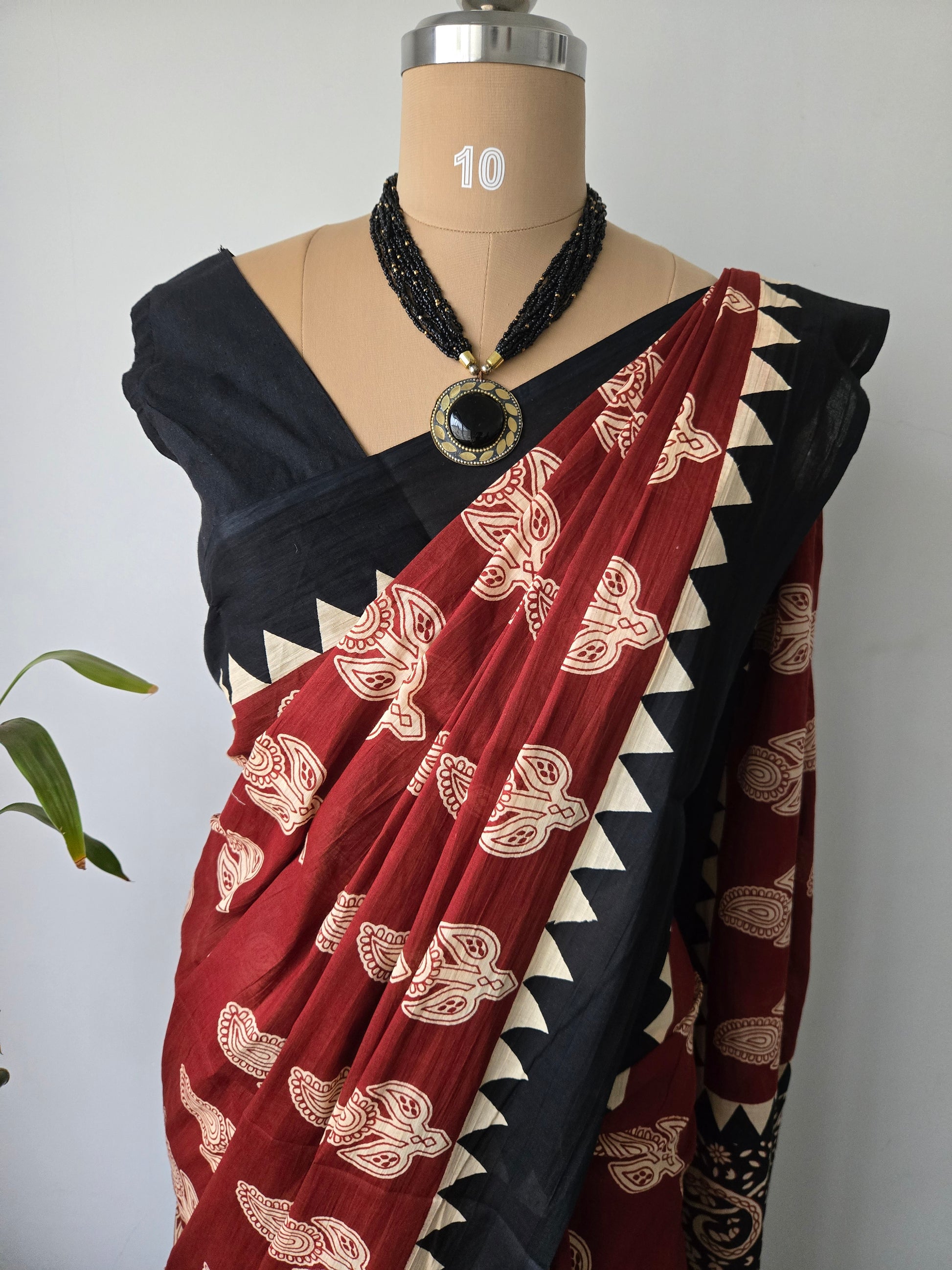 Rust Red & Black Mul Cotton Saree with Readymade Blouse