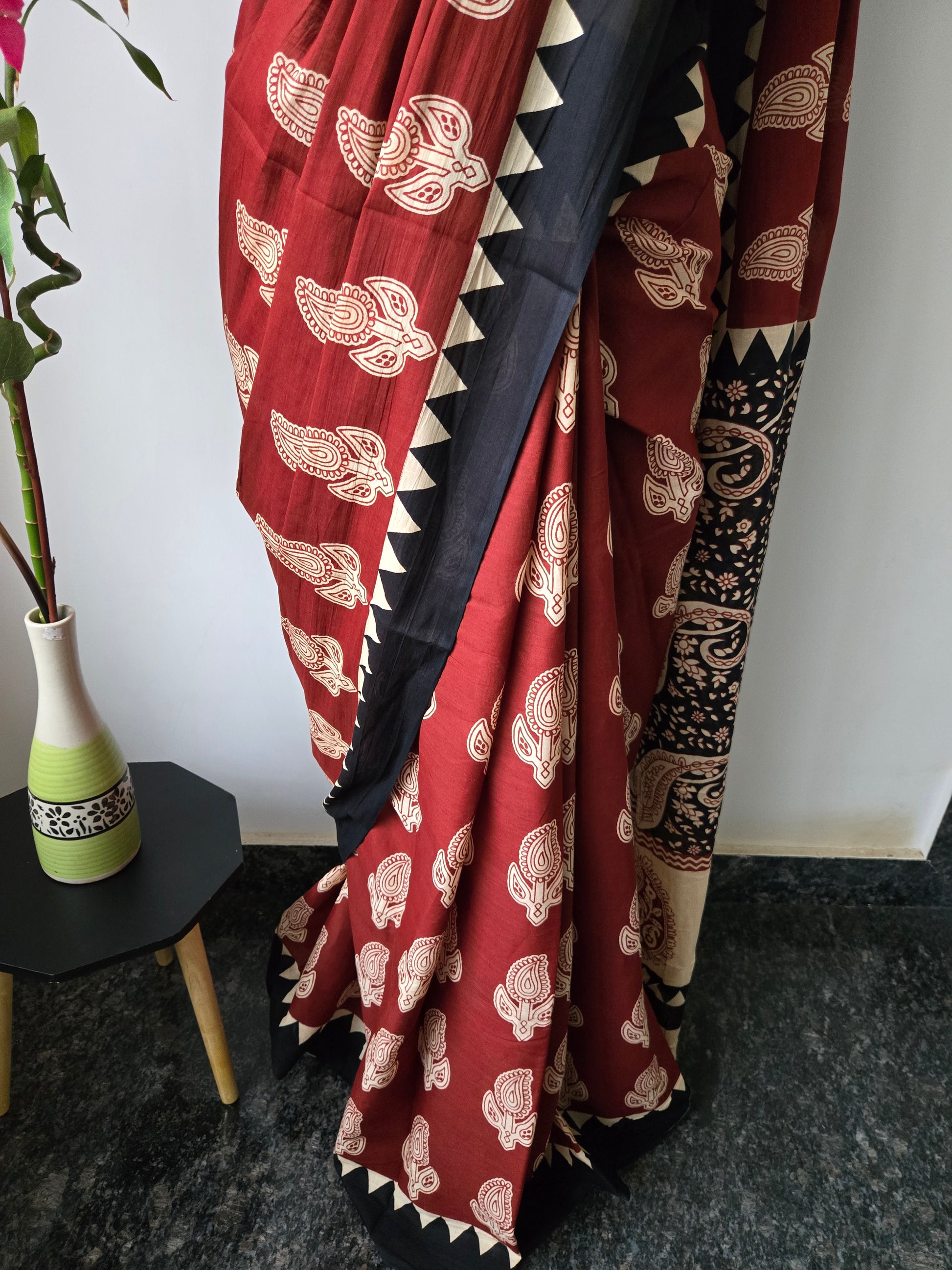 Rust Red & Black Mul Cotton Saree with Readymade Blouse