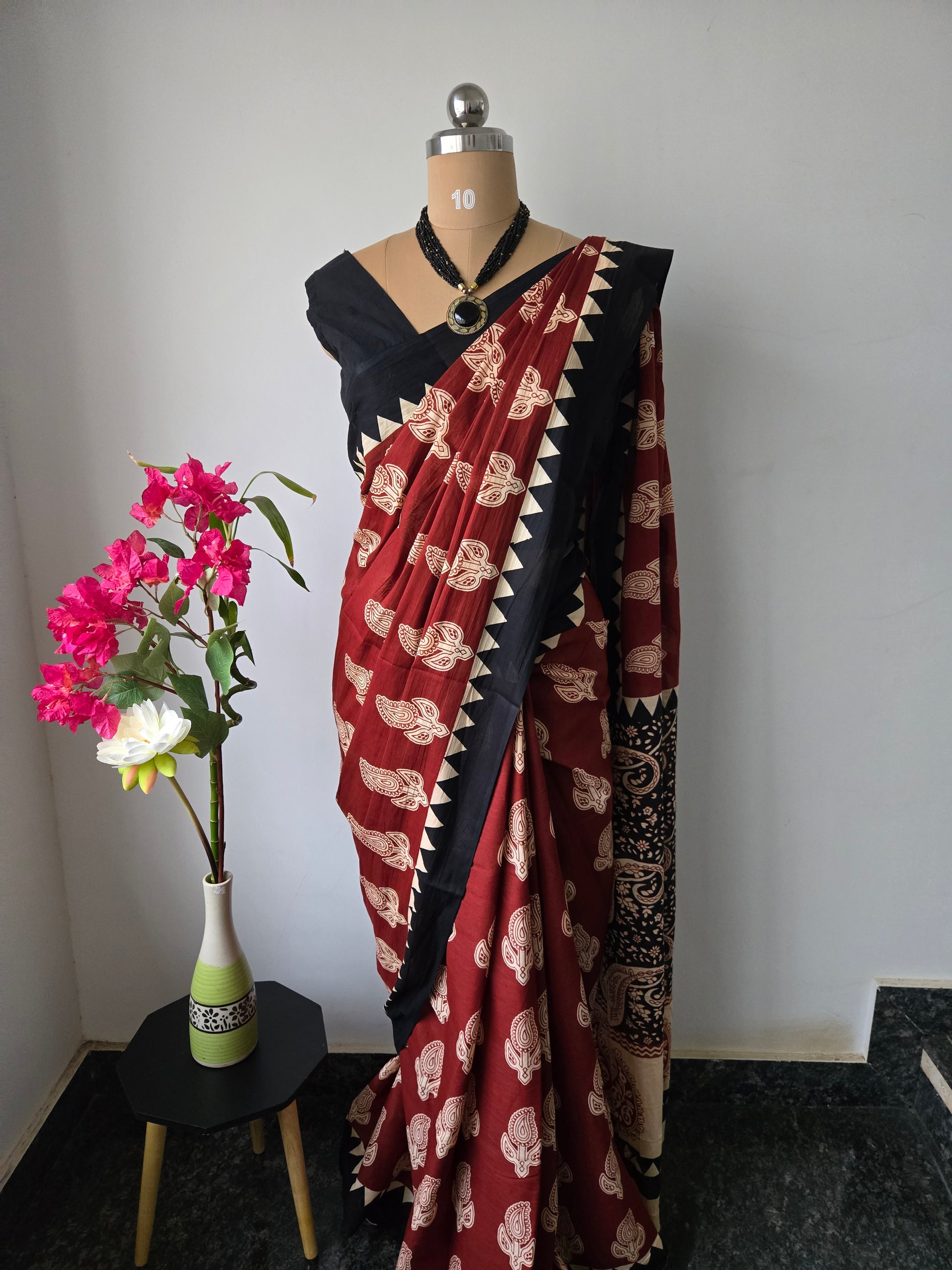 Rust Red & Black Mul Cotton Saree with Readymade Blouse