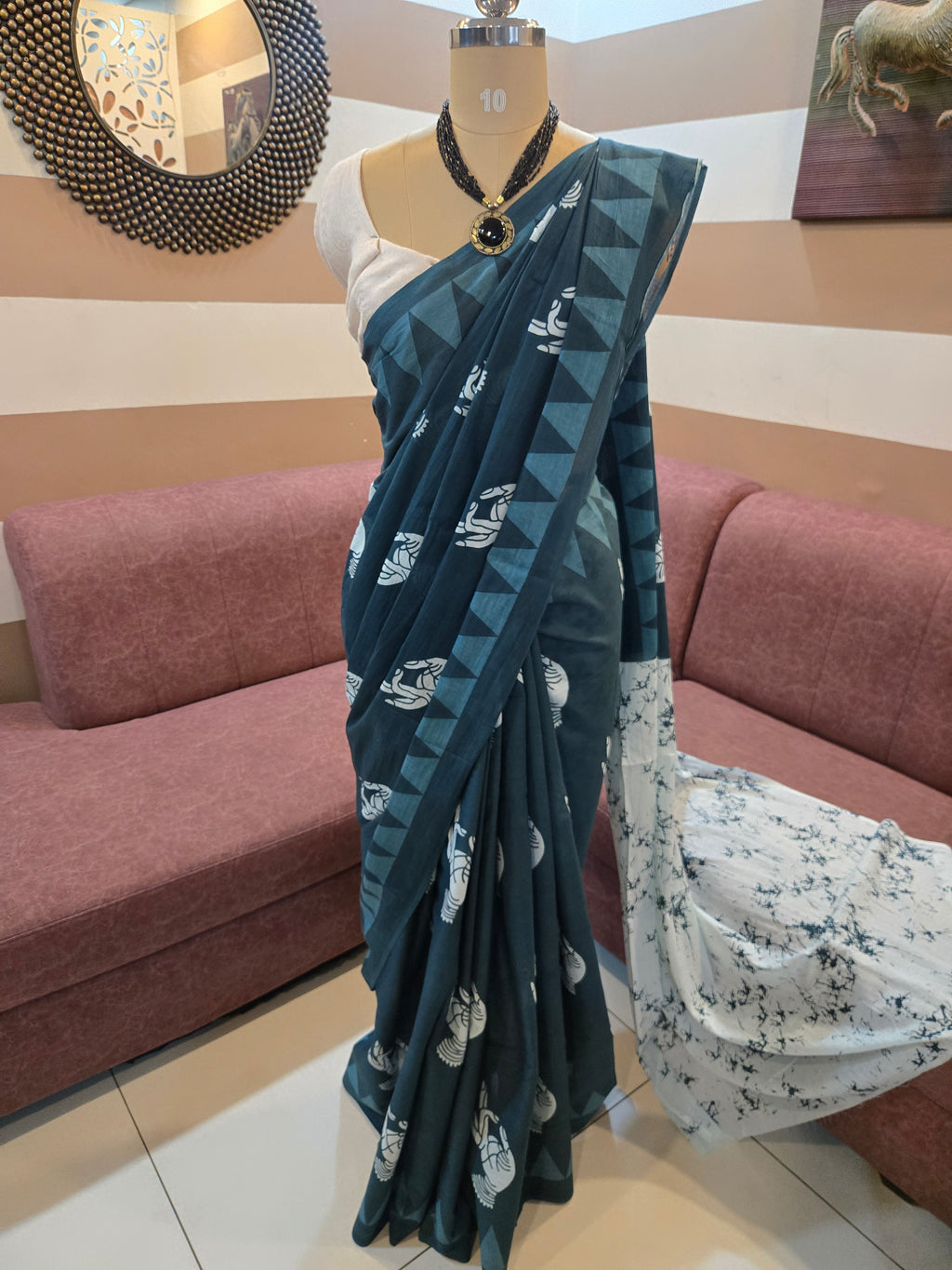 Teal Blue Mul Cotton Saree with Readymade Blouse