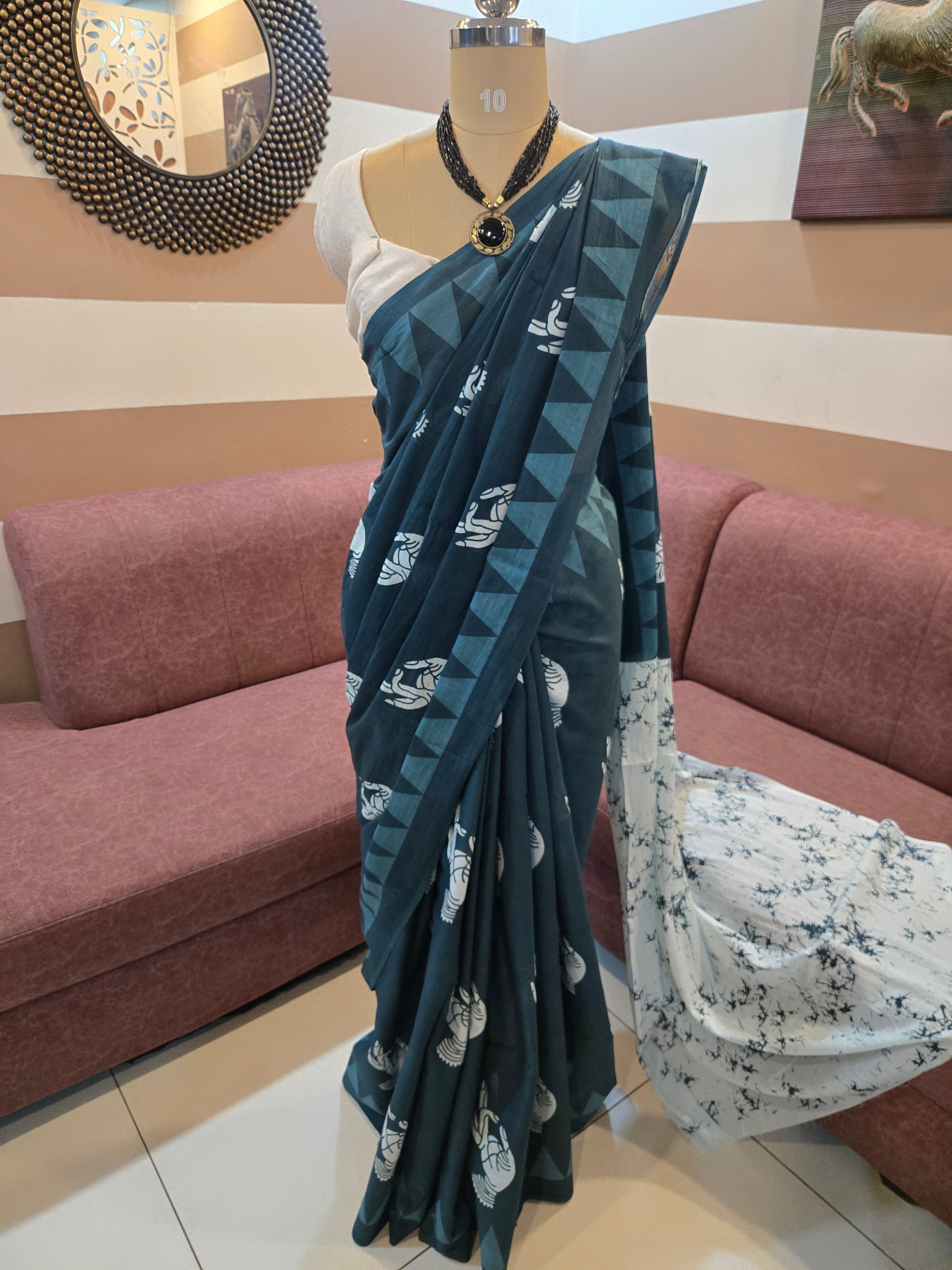 Teal Blue Mul Cotton Saree with Readymade Blouse
