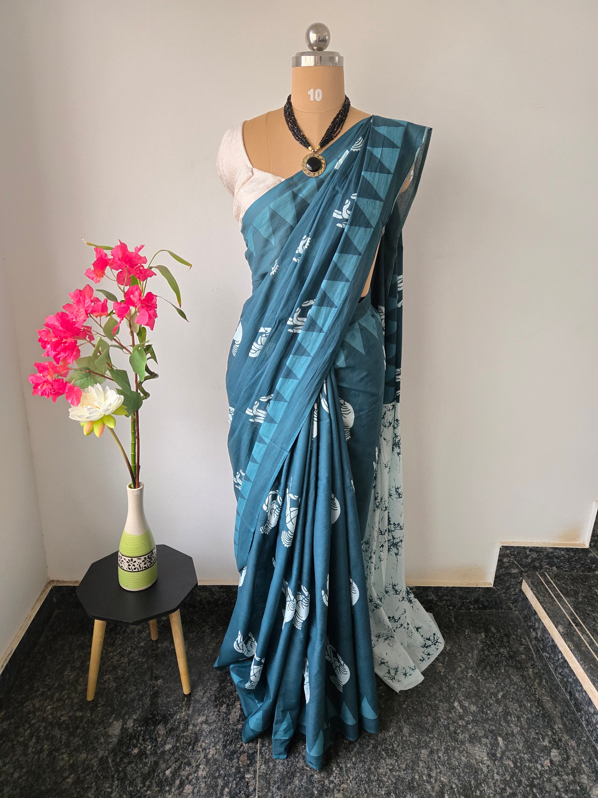 Teal Blue Mul Cotton Saree with Readymade Blouse