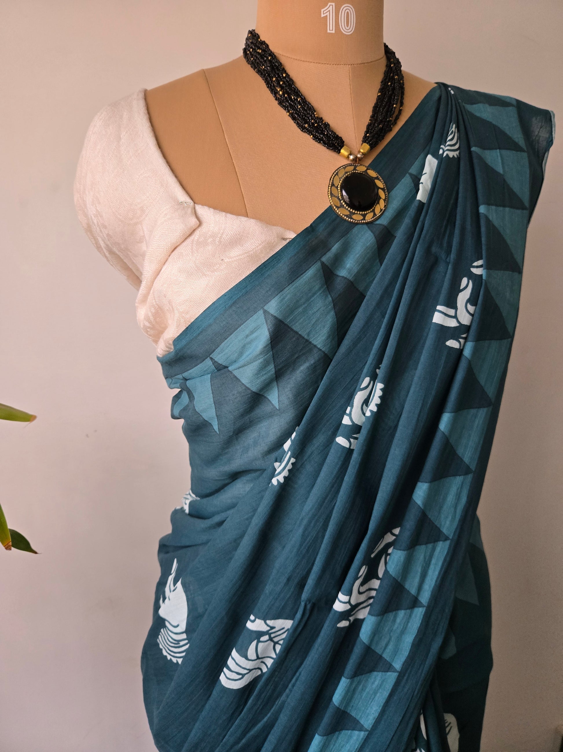 Teal Blue Mul Cotton Saree with Readymade Blouse