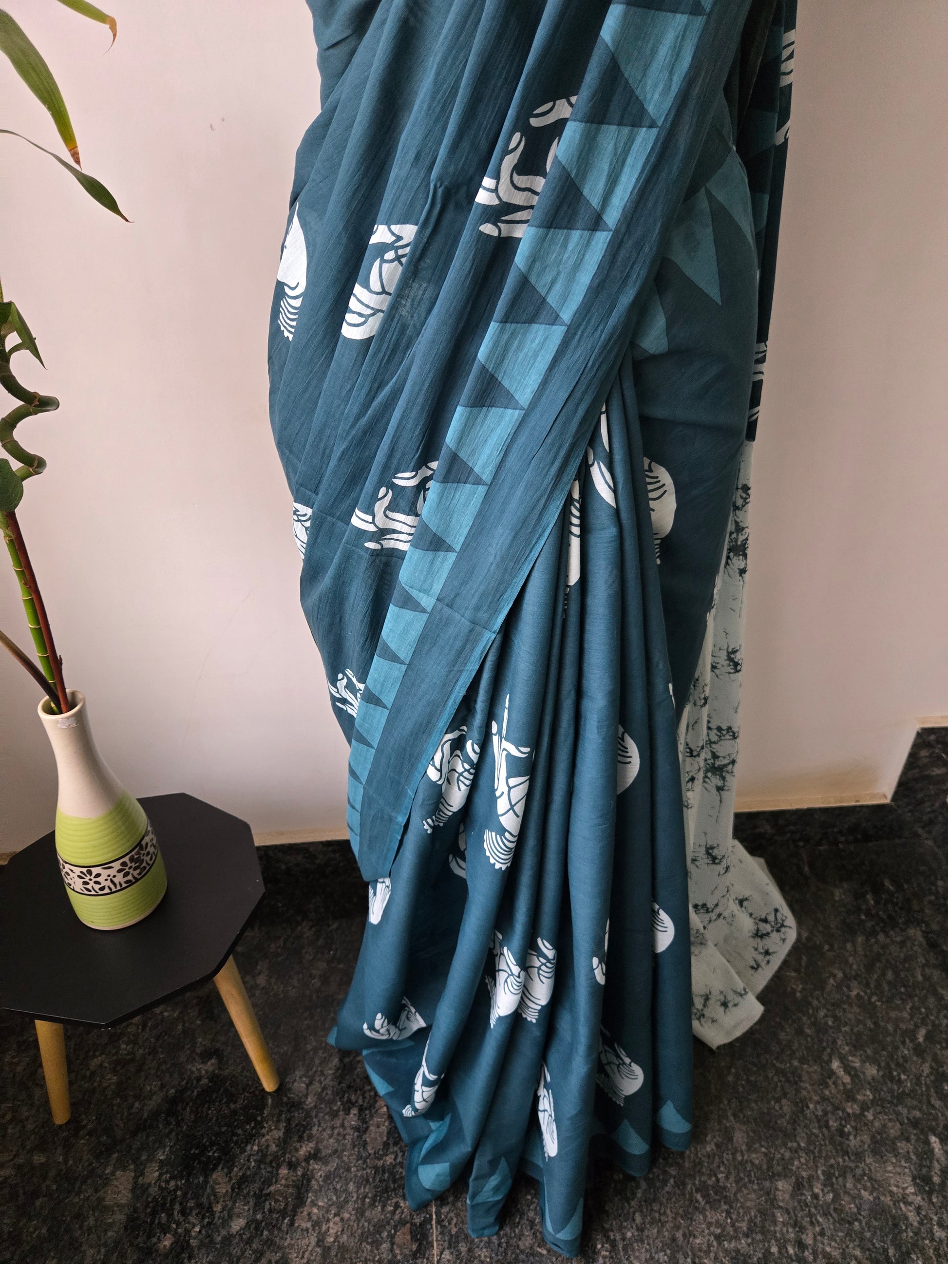 Teal Blue Mul Cotton Saree with Readymade Blouse