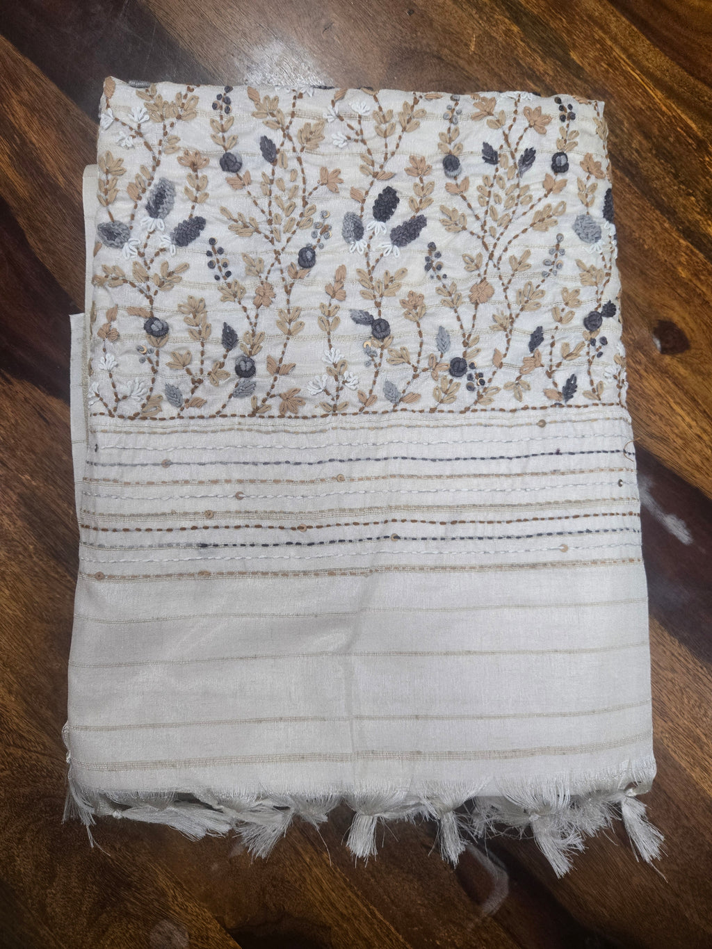 Onam Tussar Saree with Hand Embroidery & Gold Border (Comes with running blouse)