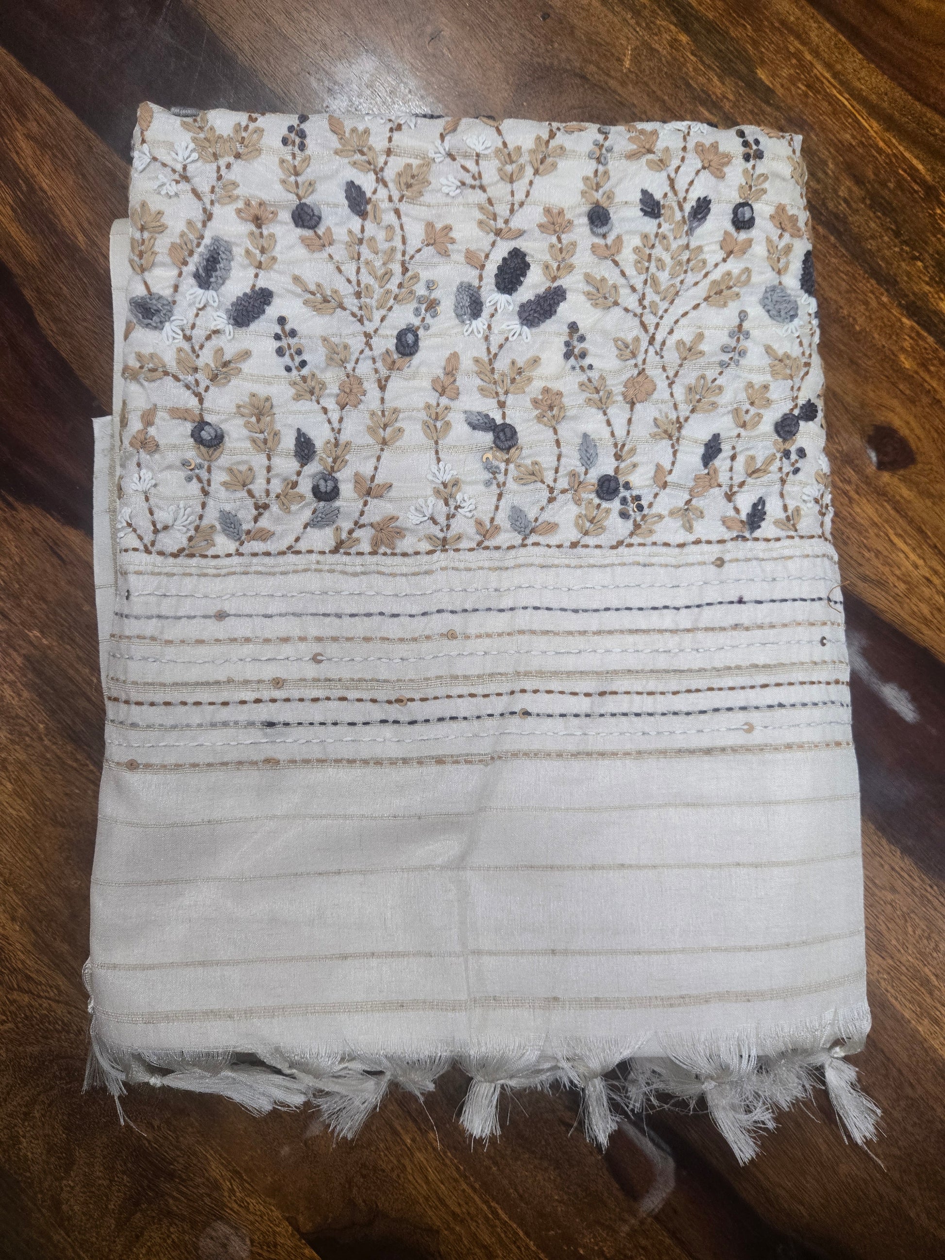 Onam Tussar Saree with Hand Embroidery & Gold Border (Comes with running blouse)