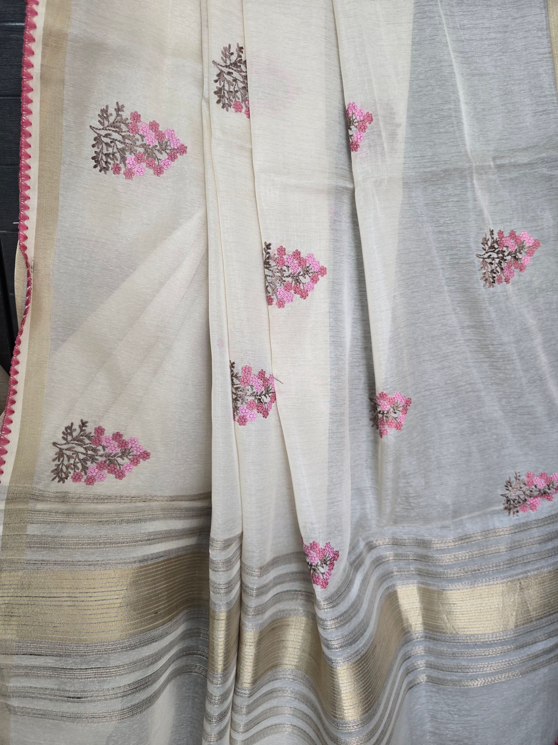 Onam Tissue Saree with Pink Floral Embroidery & Pink Ready-Made Blouse