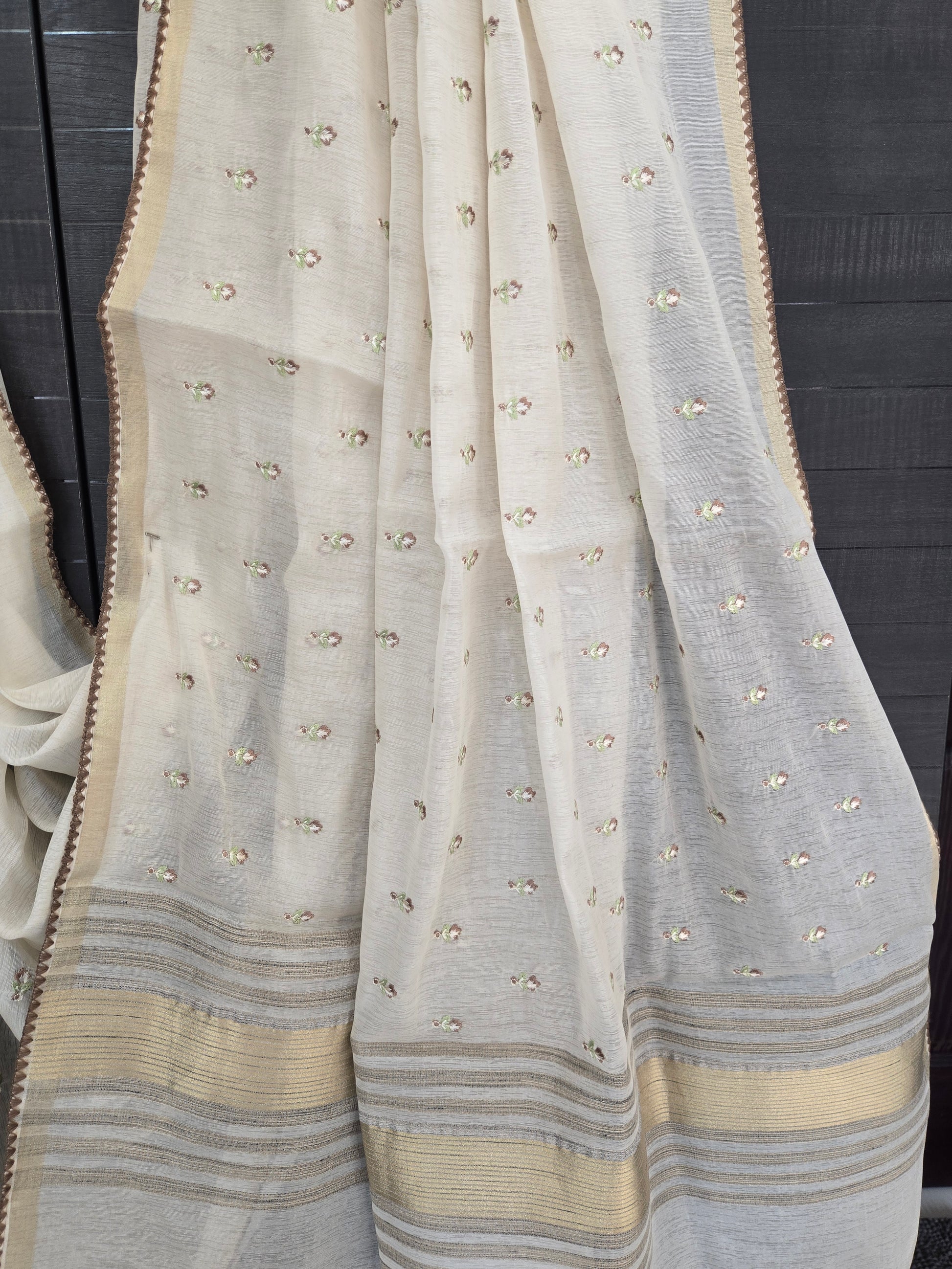 Onam Tissue Saree with Embroidery - small flower work - Brown