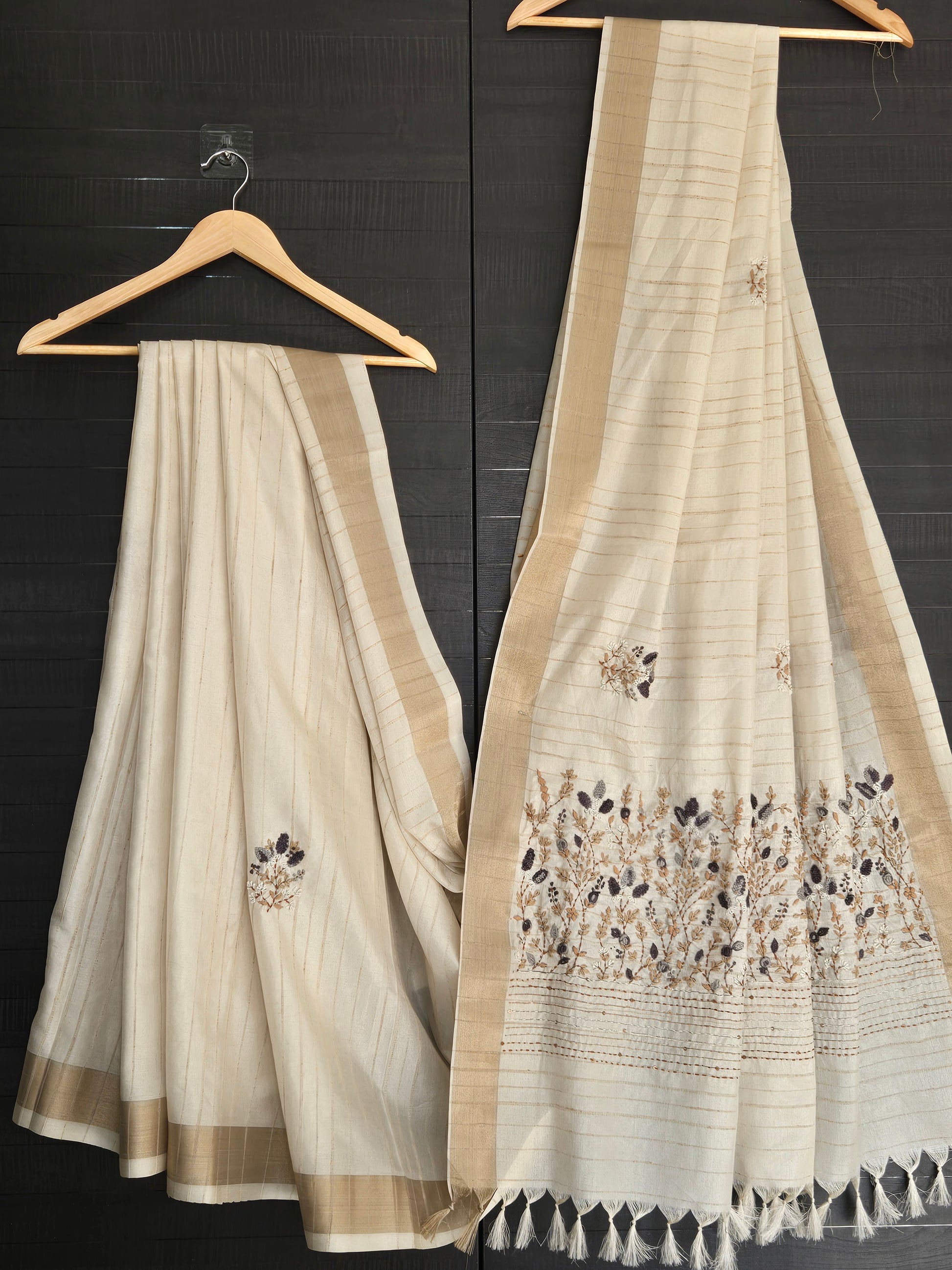 Styled Look: Tussar Saree with Hand Embroidery & Gold Border + Navy Blue Ready-Made Blouse