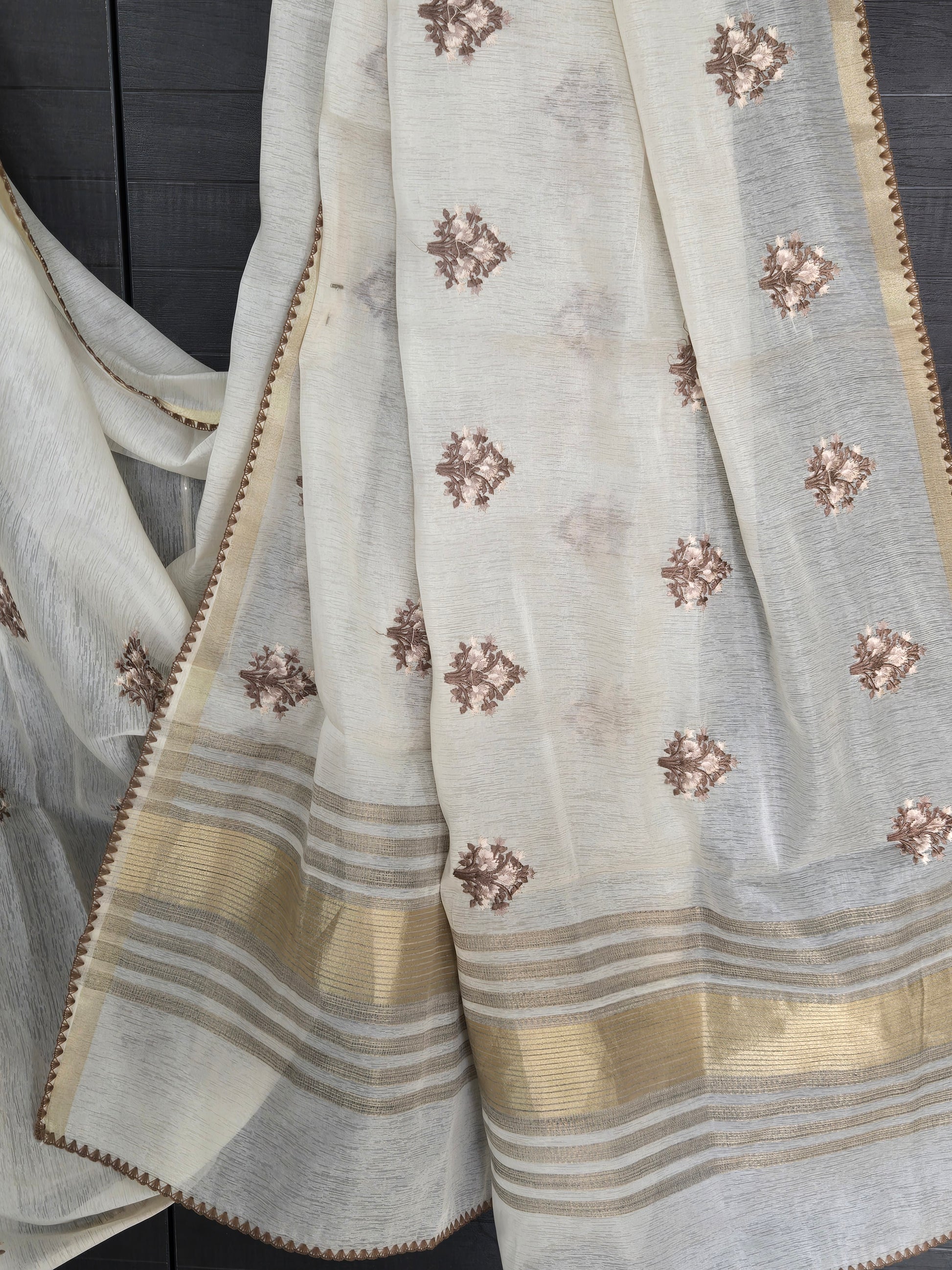 Onam Tissue Saree with Embroidery – Tree Work – Brown + Work Blouse