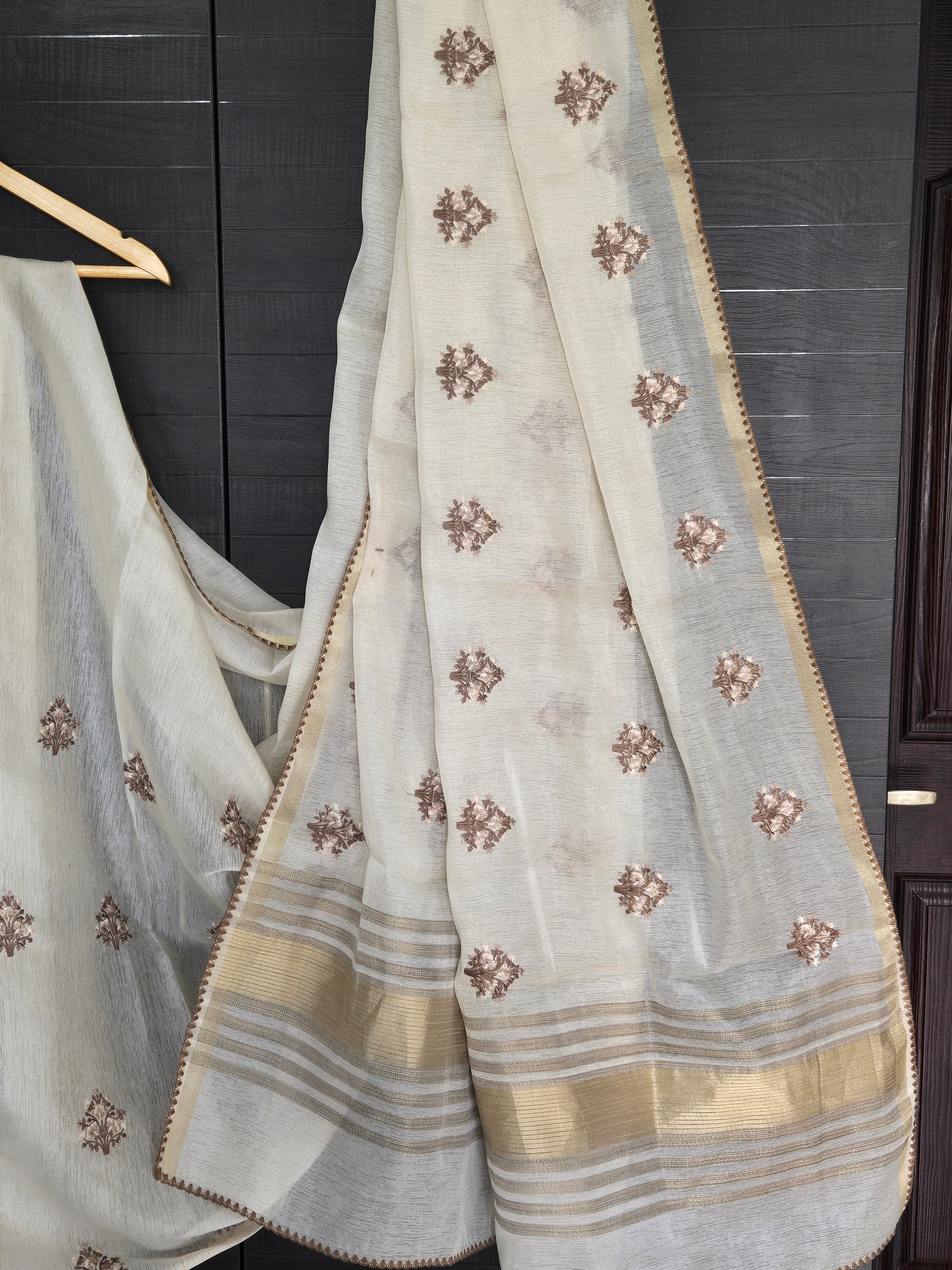 Onam Tissue Saree with Embroidery - Floral - Brown (Comes with running blouse)
