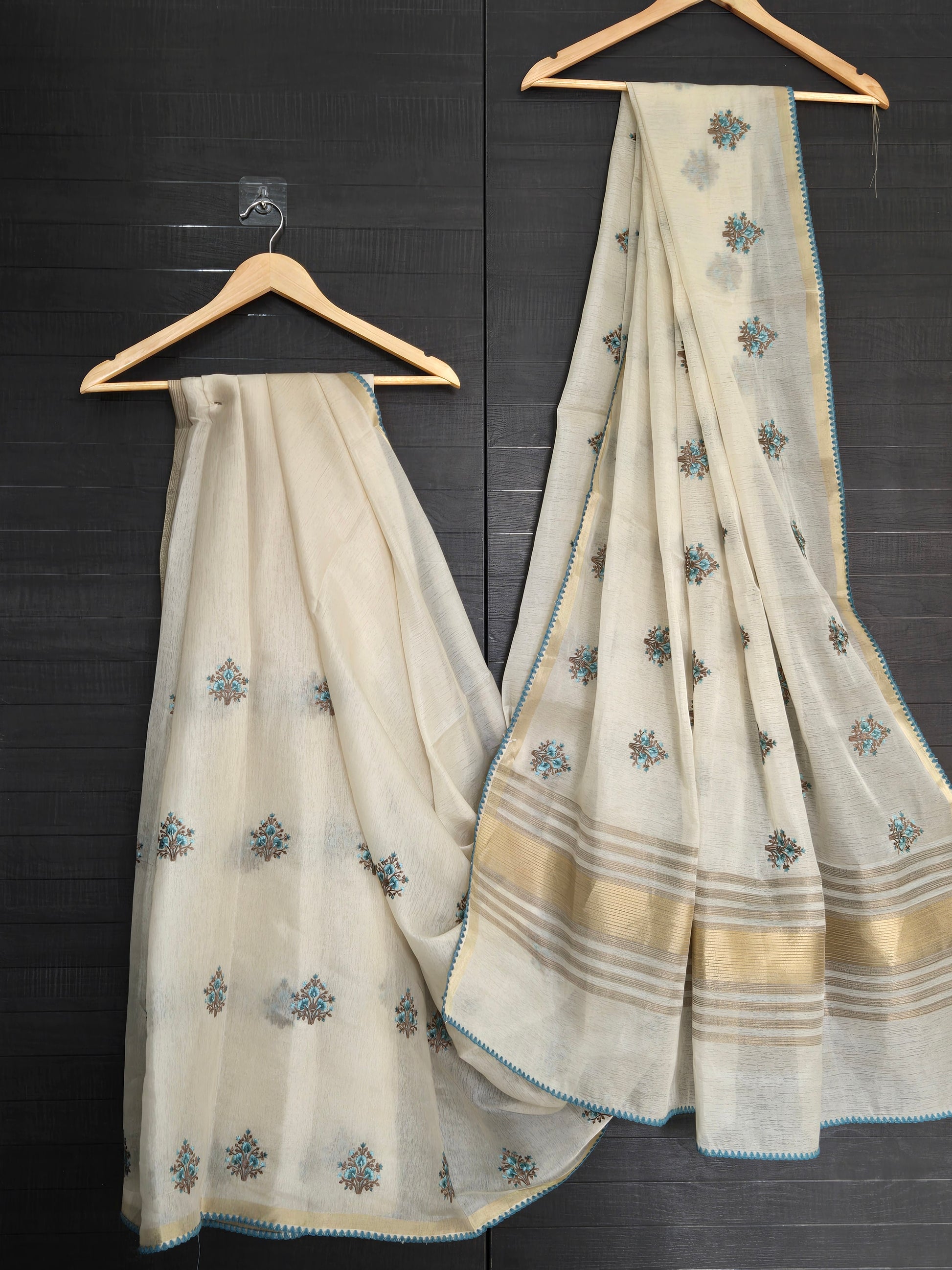 Tissue Onam Saree with Embroidery + Blue Ready-Made Blouse