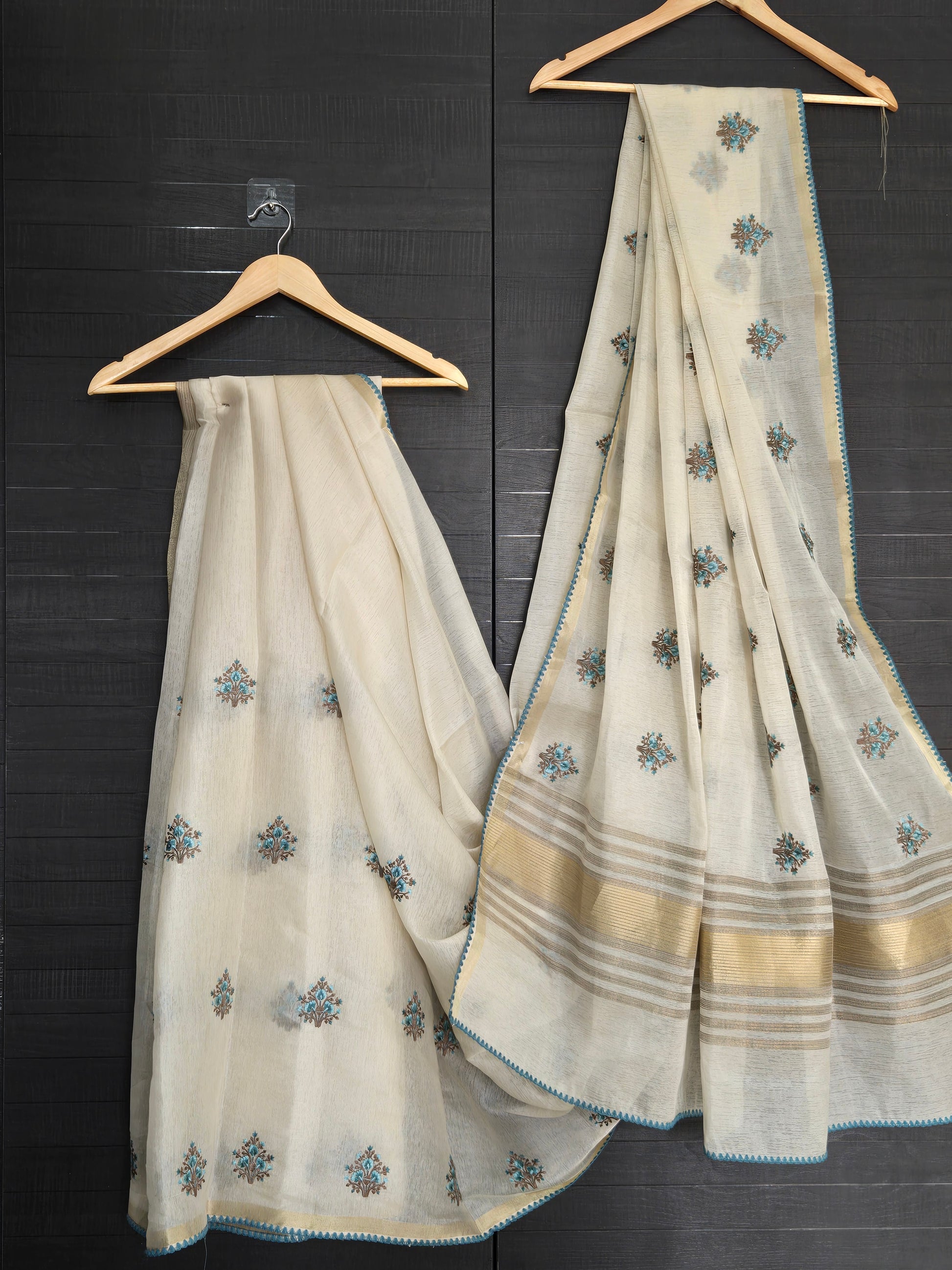 Tissue Onam Saree with Embroidery + Blue Ready-Made Blouse