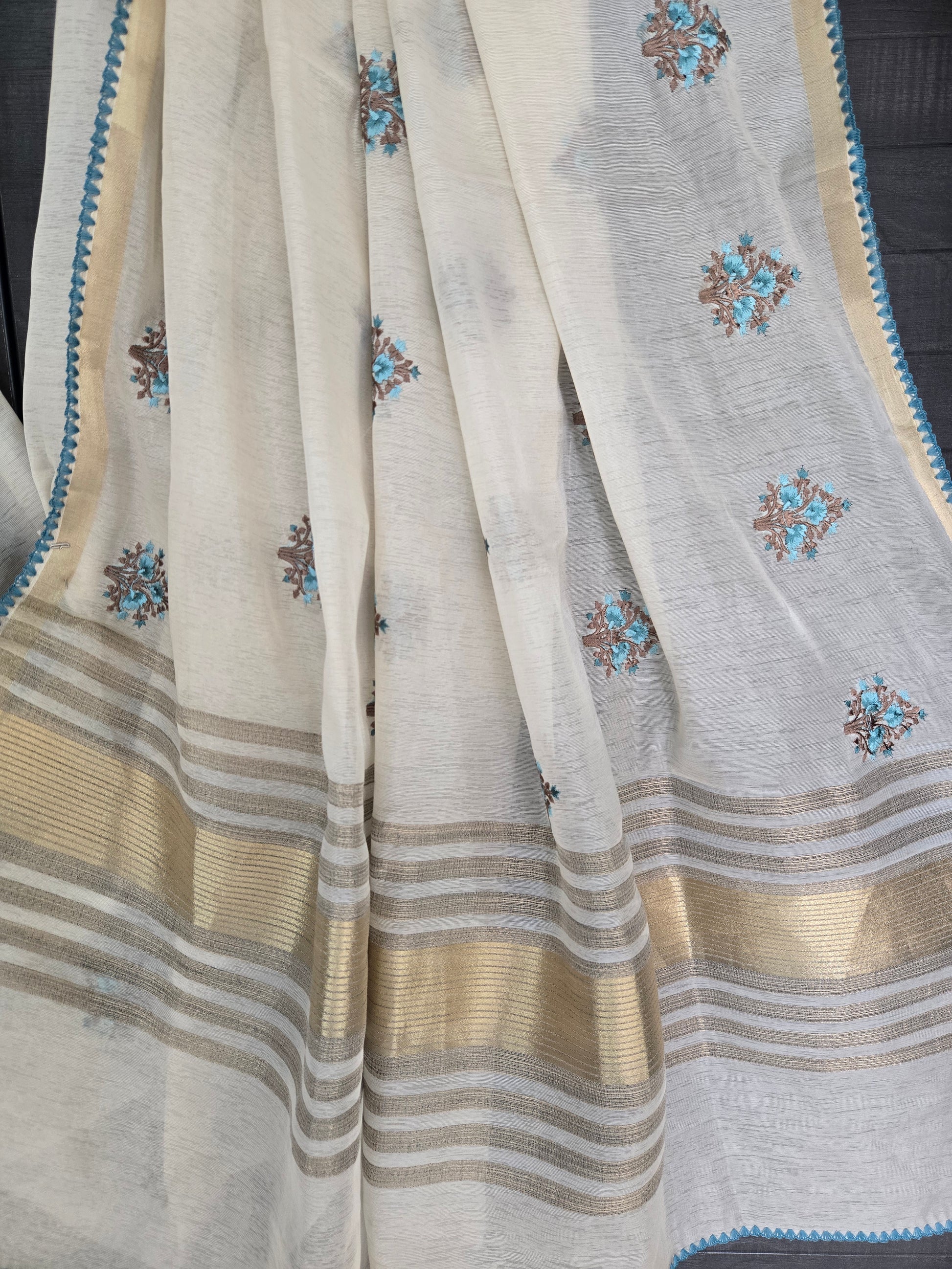 Onam Tissue Saree with Embroidery - Floral - Blue (Comes with running blouse)