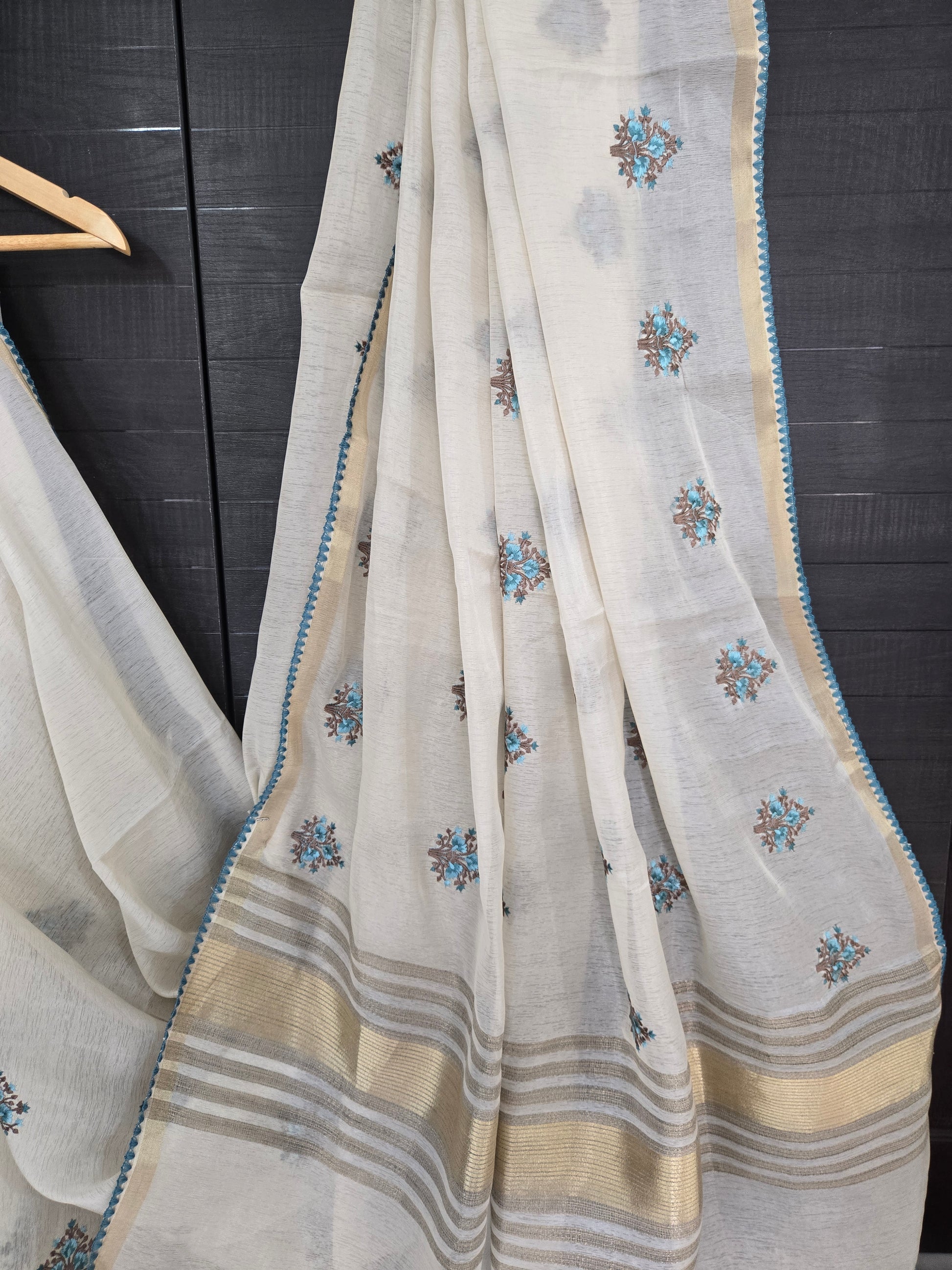 Onam Tissue Saree with Embroidery - Floral - Blue (Comes with running blouse)