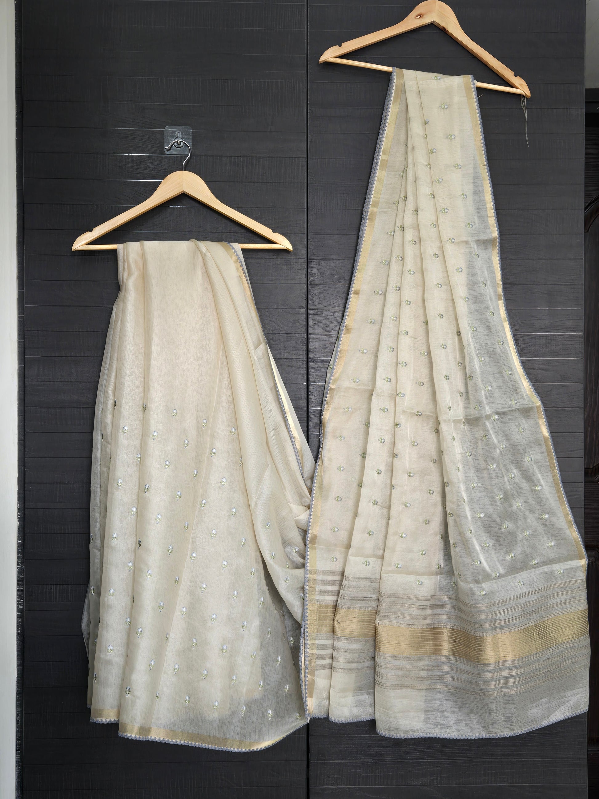 Onam Tissue Saree with Embroidery - small flower work - Light Blue (Comes with running blouse)
