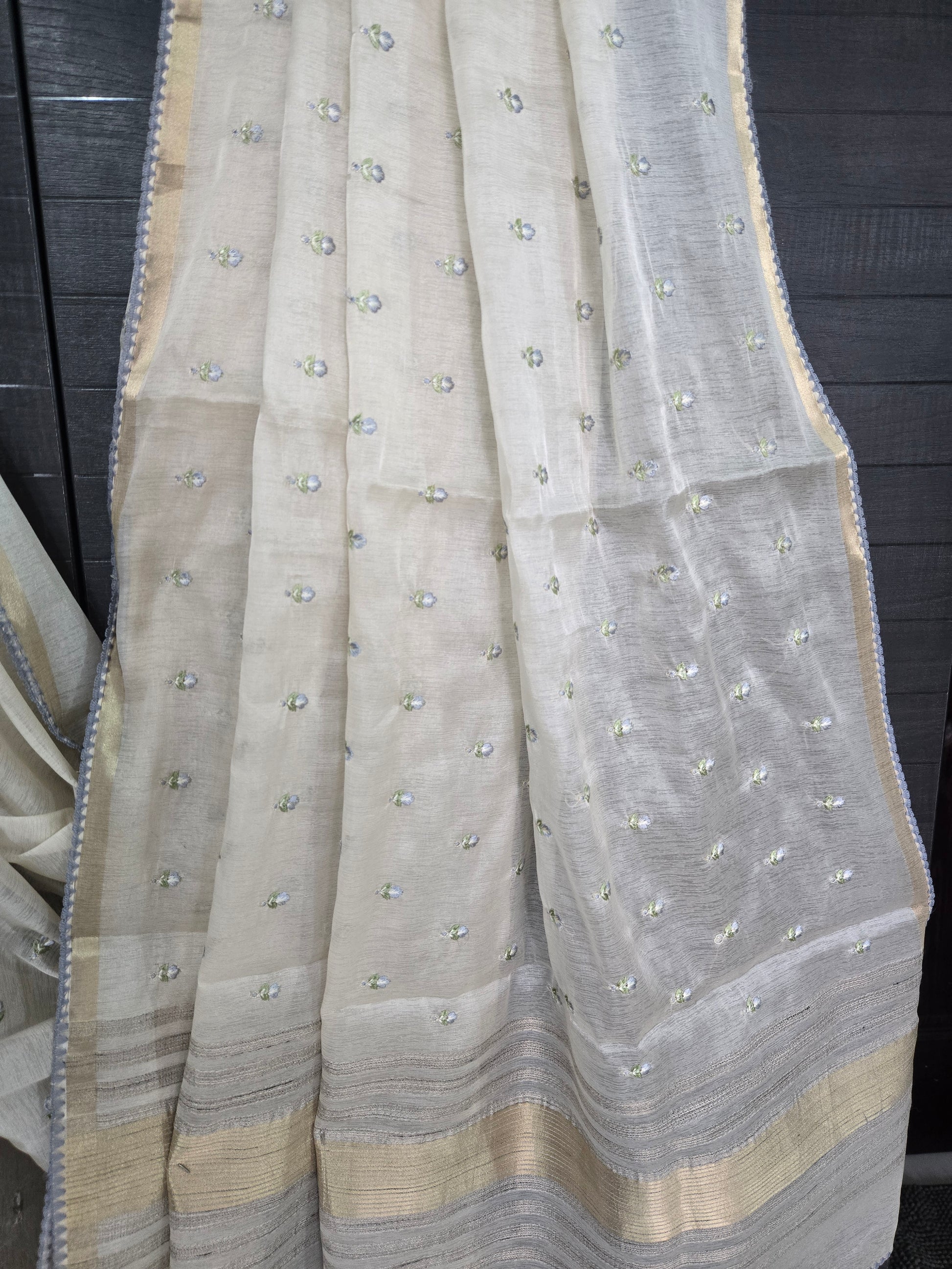 Onam Tissue Saree with Light Blue Work + Brocade Blouse
