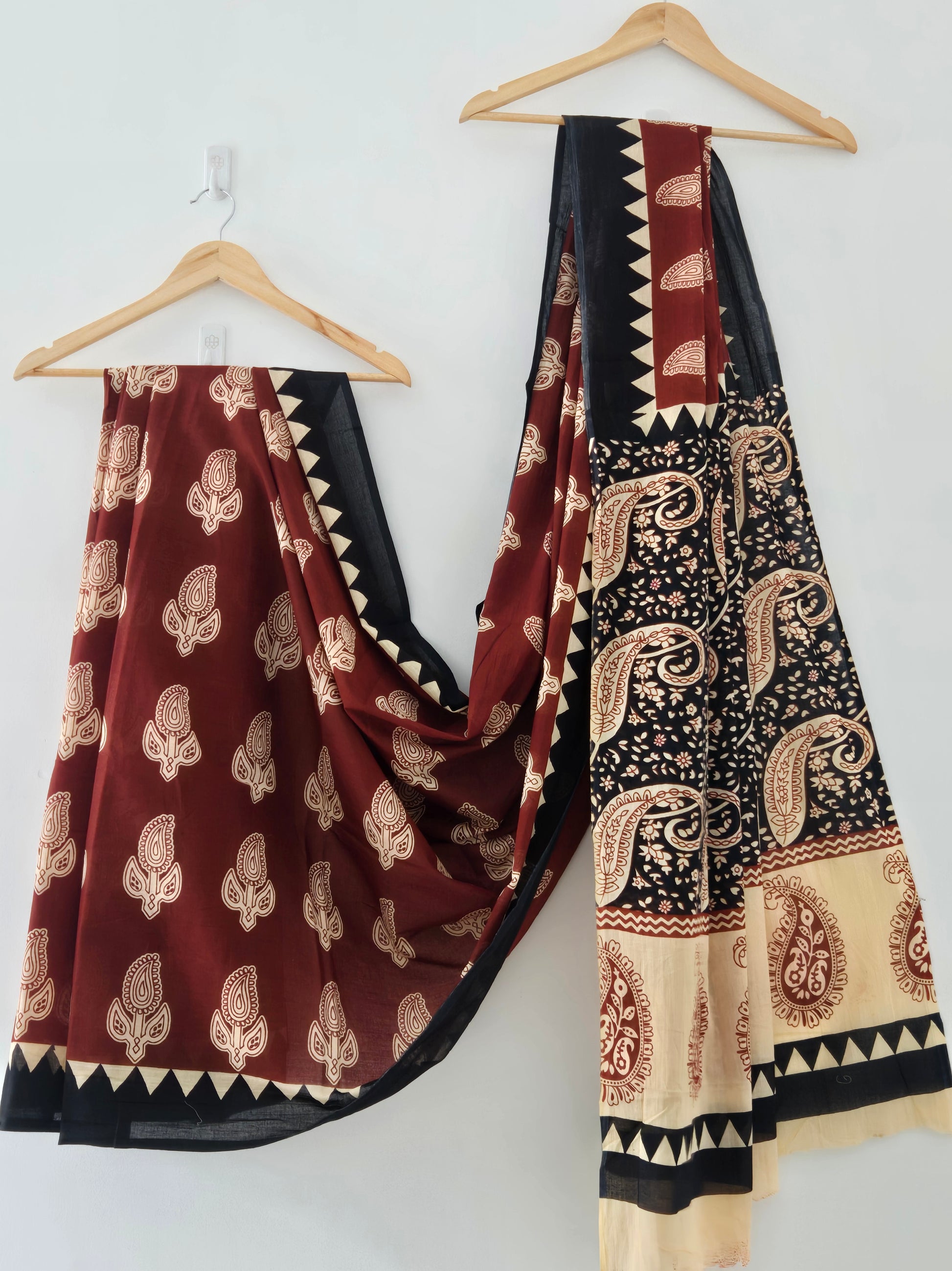 Rust Red & Black Mul Cotton Saree with Readymade Blouse