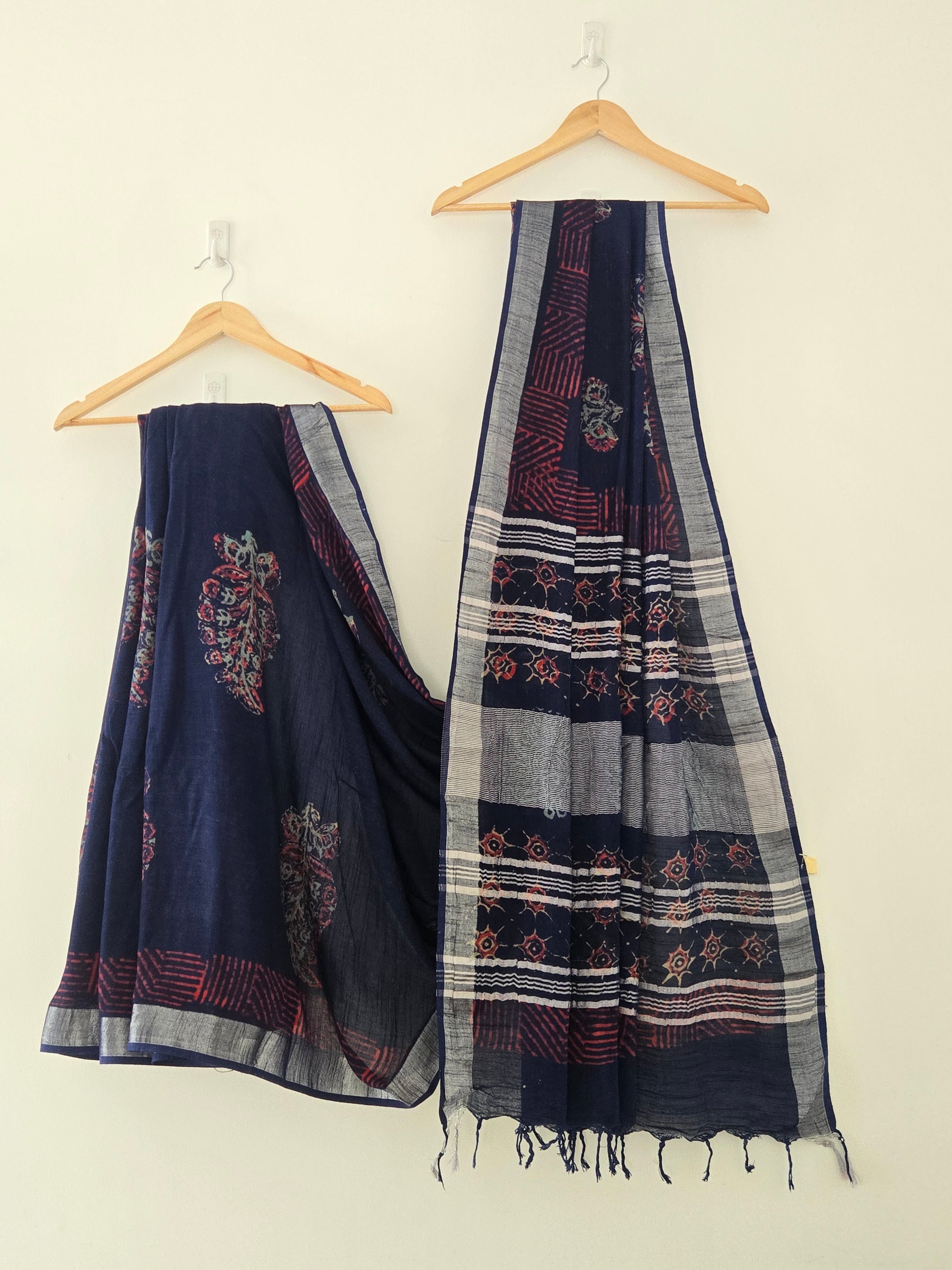 Navy Blue Linen Bagru Saree with Silver Border and Readymade blouse